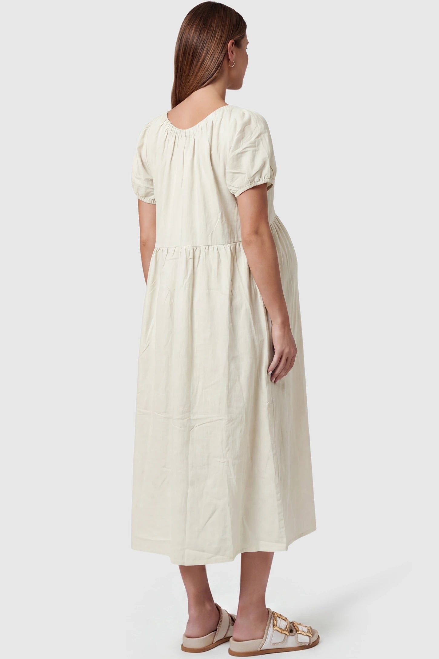 V-Neck Short Sleeve Maternity Midi Dress with Pockets V-neck short sleeve maternity midi dress with pockets in white with short sleeves, back view on pregnant model