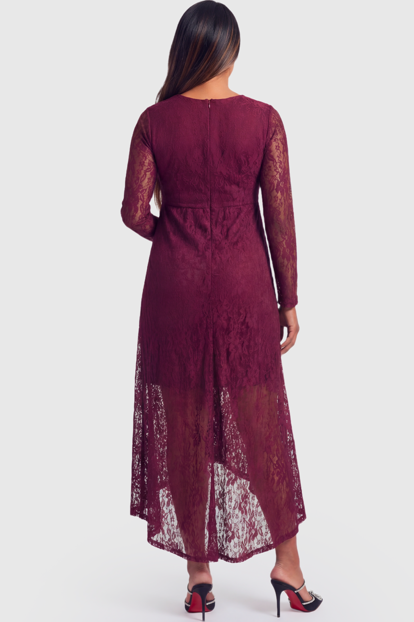 Hi-Low Hem Wrap Neck Maternity Midi Dress Hi-Low Hem Wrap Neck Maternity Midi Dress in wine red lace featuring long sleeves and empire waist on a pregnant model.