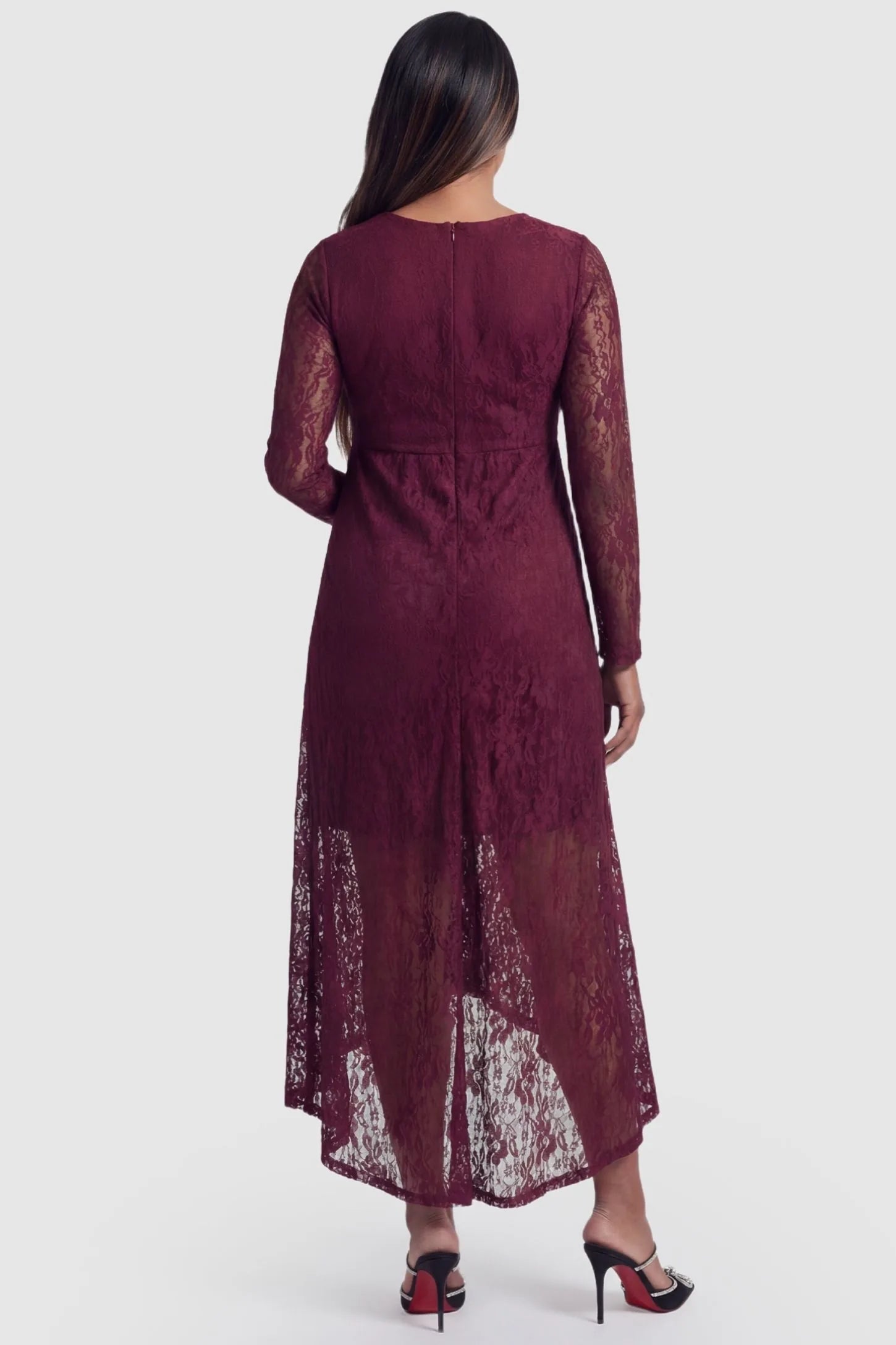Hi-Low Hem Wrap Neck Maternity Midi Dress Hi-Low Hem Wrap Neck Maternity Midi Dress in wine red lace featuring long sleeves and empire waist on a pregnant model, back view