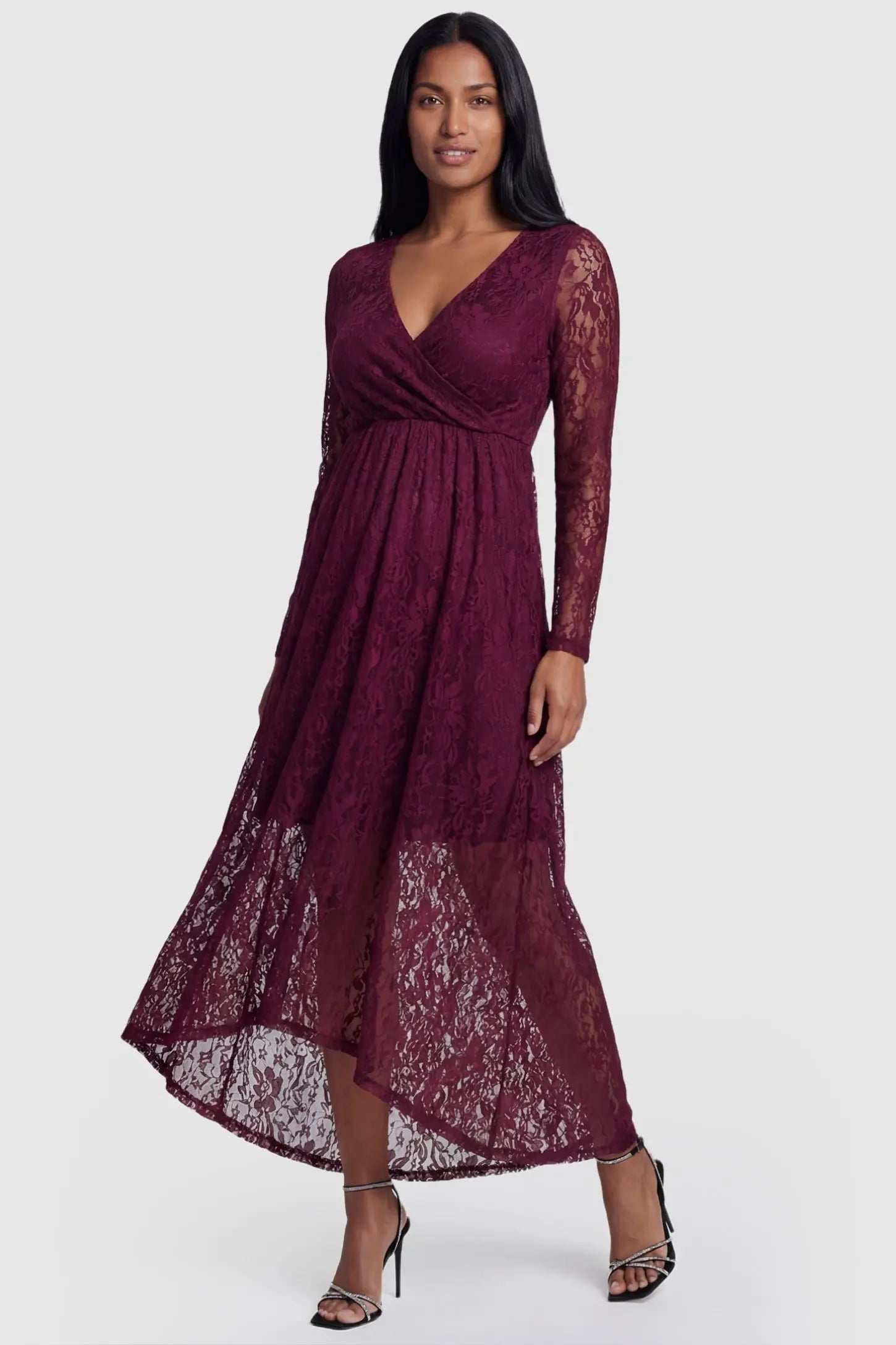 Hi-Low Hem Wrap Neck Maternity Midi Dress Hi-Low Hem Wrap Neck Maternity Midi Dress in wine red lace featuring long sleeves and empire waist on a non pregnant model, front view