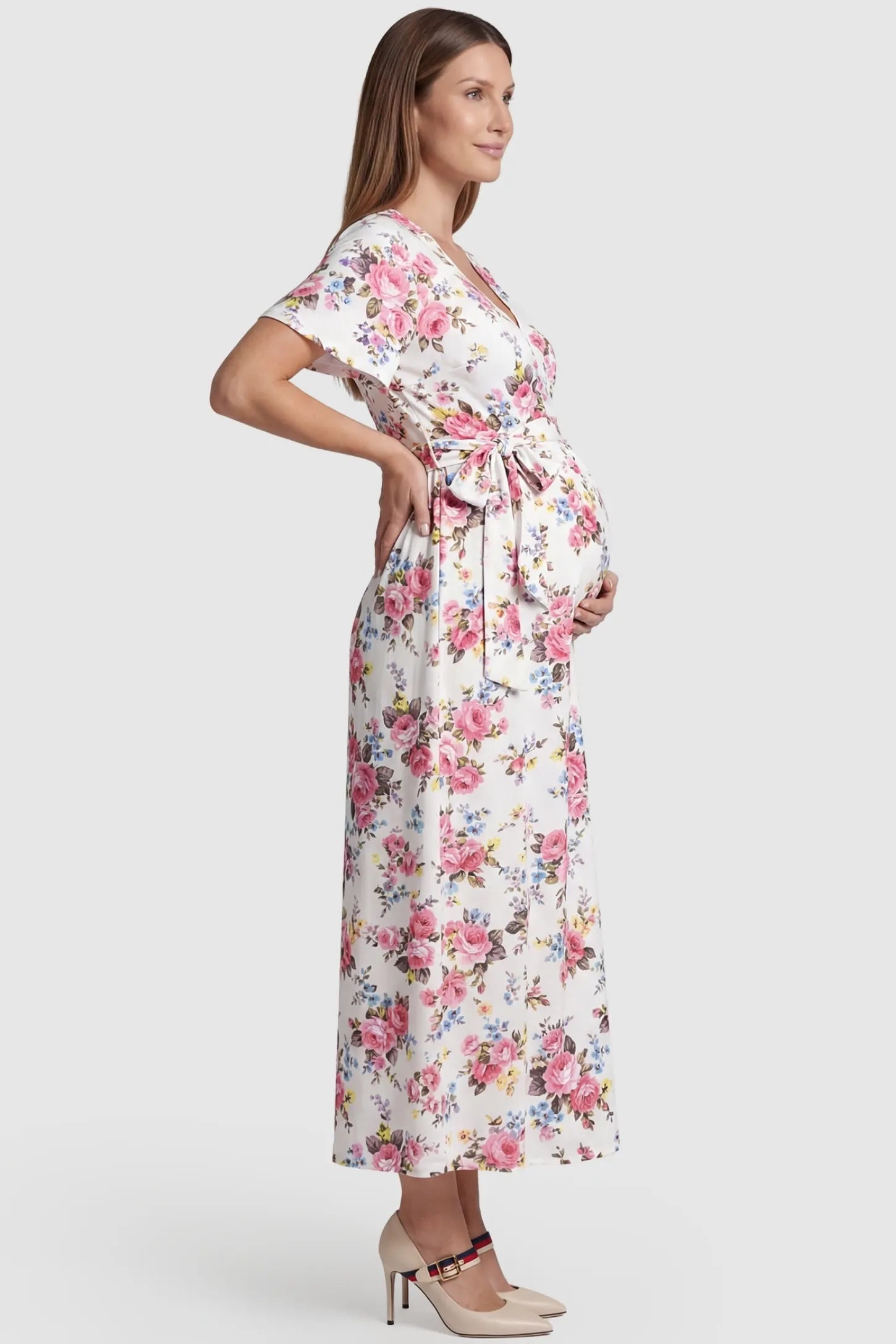 Discreet Nursing Opening Floral Tie-Waist Maternity & Nursing Maxi Dress Discreet Nursing Opening Floral Tie-Waist Maternity & Nursing Maxi Dress in Pink Floral featuring a side-tie waist detail on a pregnant model.