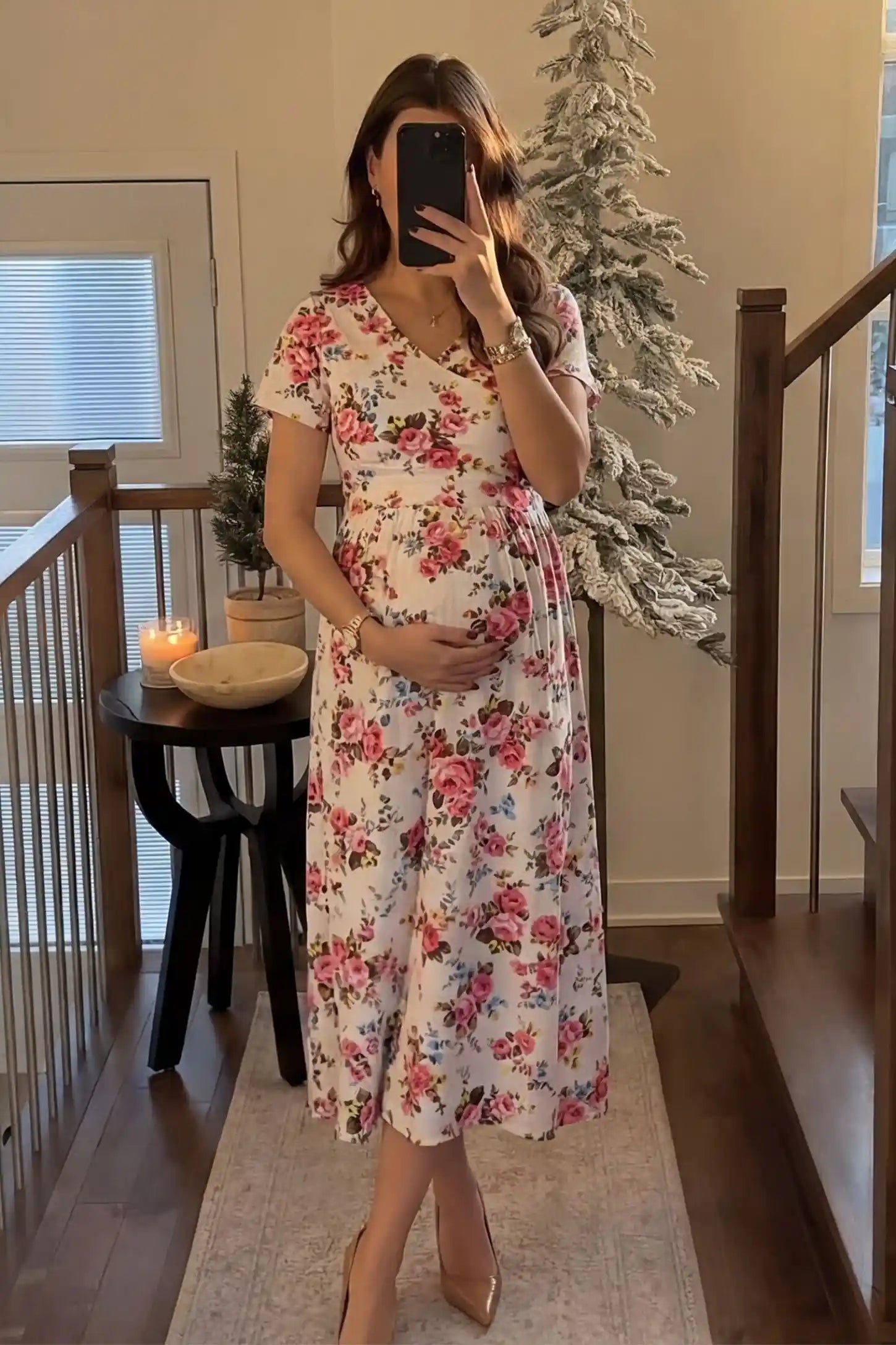 Discreet Nursing Opening Floral Tie-Waist Maternity & Nursing Maxi Dress Discreet Nursing Opening Floral Tie-Waist Maternity & Nursing Maxi Dress in Pink Floral featuring a functional wrap-style V-neck on a pregnant model.