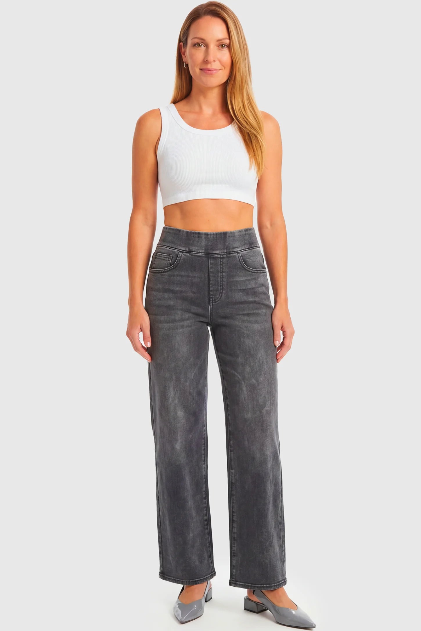 High-Rise Wide Leg Maternity Jeans High-Rise Wide Leg Maternity Jeans in gray featuring over-the-belly support and wide-leg silhouette on a non pregnant model.