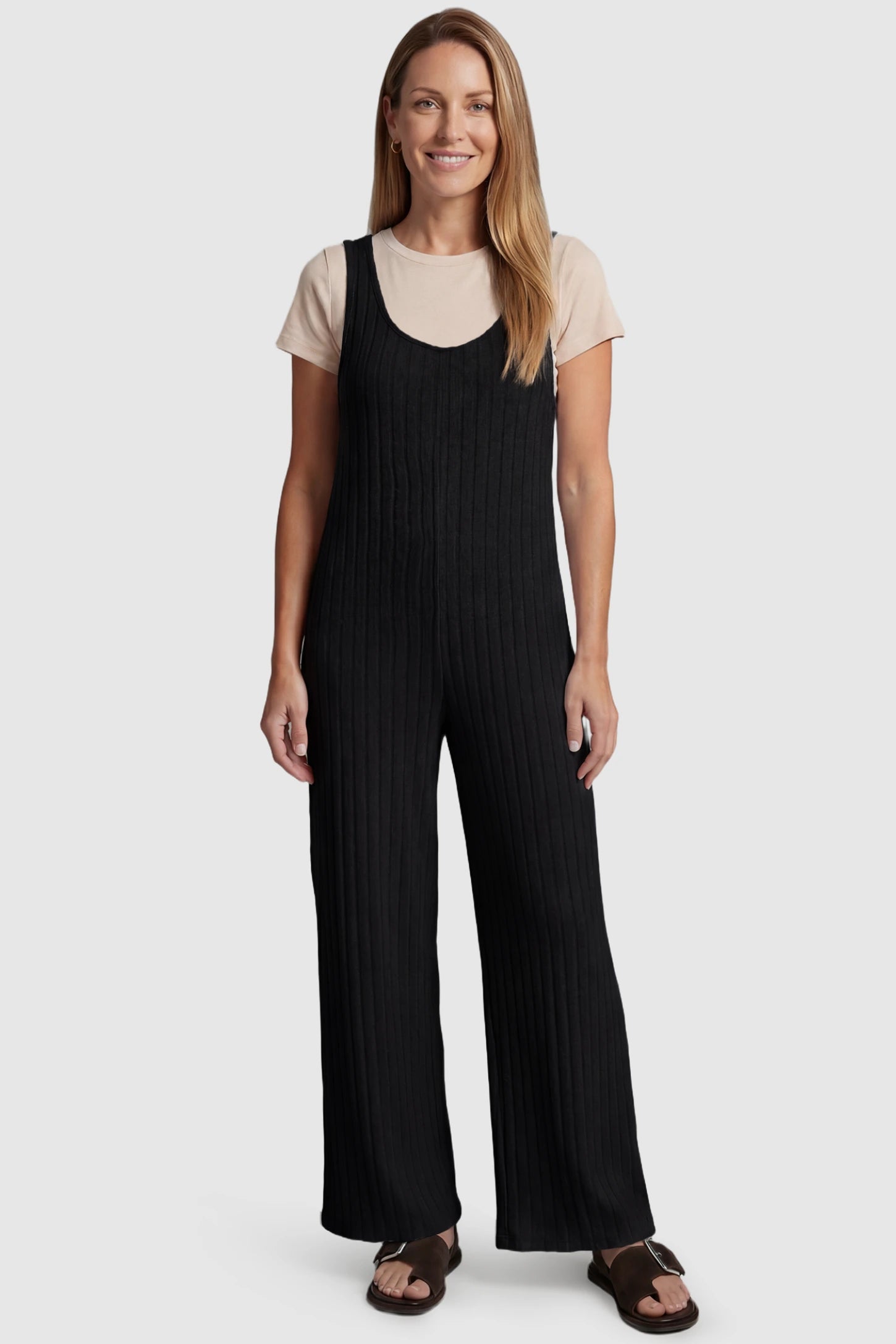 Ribbed Sleeveless Wide-Leg Maternity Jumpsuit Ribbed sleeveless wide-leg maternity jumpsuit in black with sleeveless ribbed design, front view on postpartum model