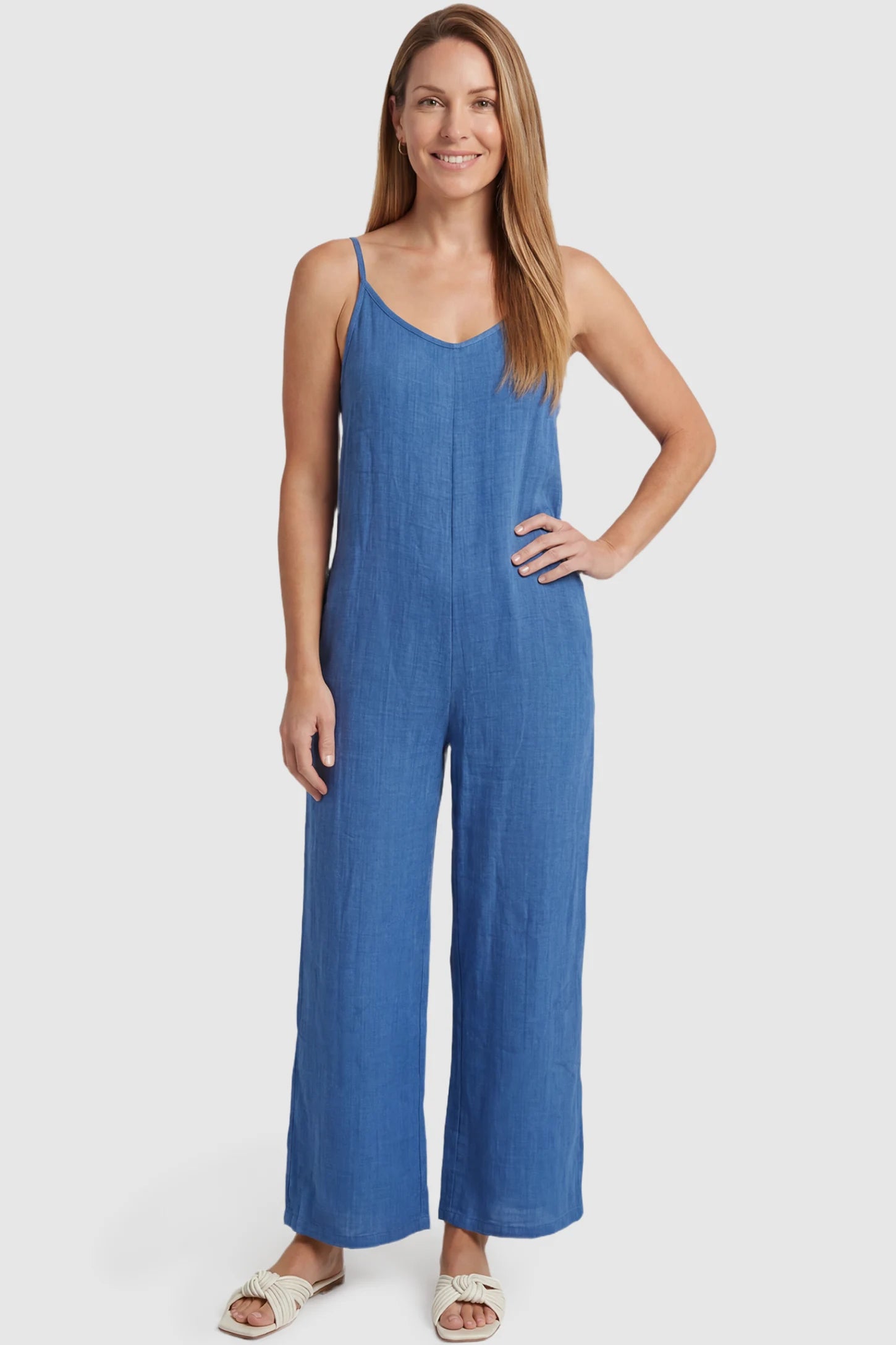 Wide‑Leg Scoop Neck Pocketed Maternity Jumpsuit Wide-leg scoop neck pocketed maternity jumpsuit in blue with sleeveless design, thin strap, and wide-leg silhouette, front view on plus-size model