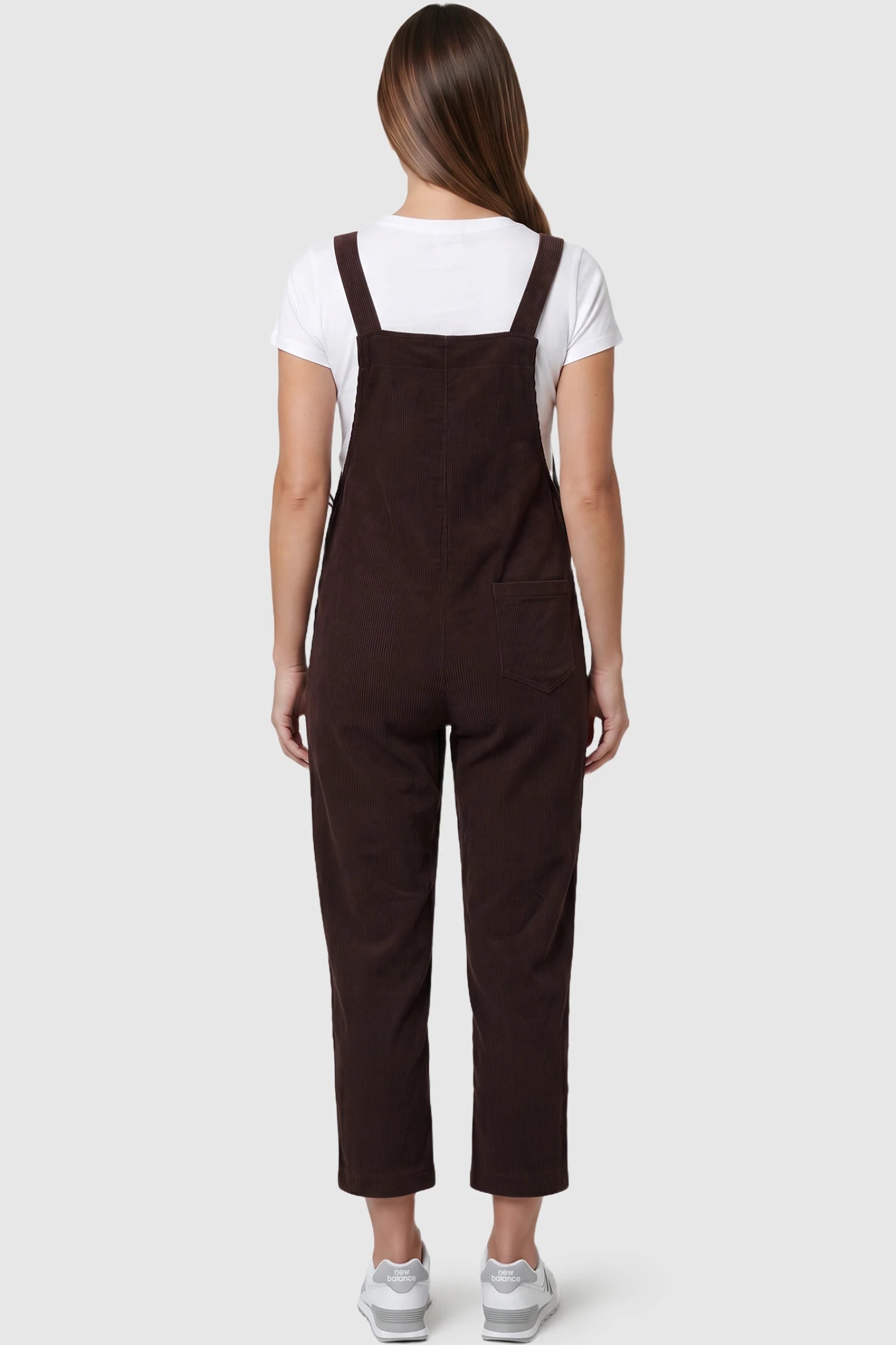 Wide Leg Side Stretch Panel Maternity Overalls Wide leg side stretch panel maternity overalls in brown with soft corduroy texture, back view on pregnant model