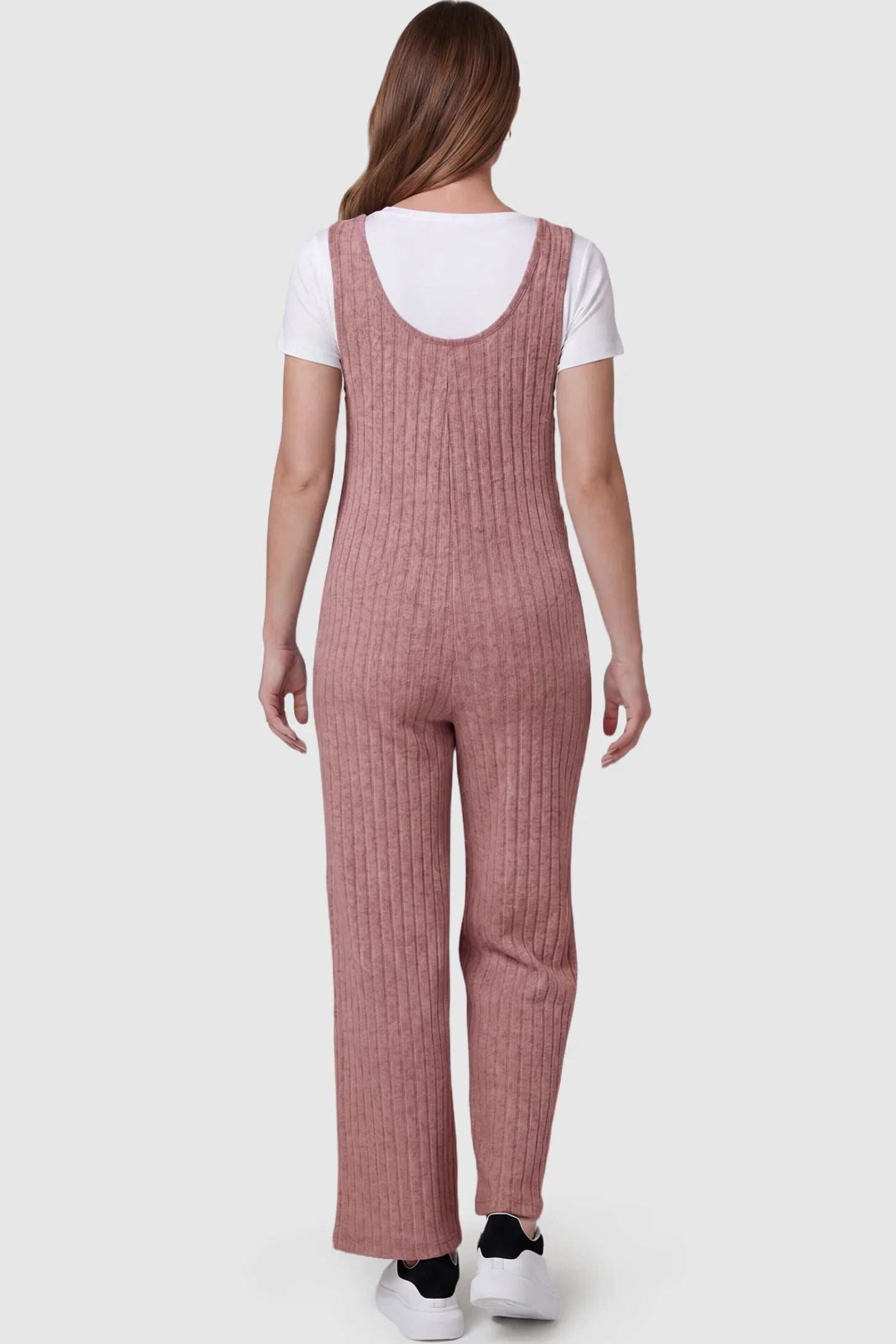 Ribbed Sleeveless Wide-Leg Maternity Jumpsuit Ribbed sleeveless wide-leg maternity jumpsuit in dark pink with sleeveless ribbed design, back view on pregnant model