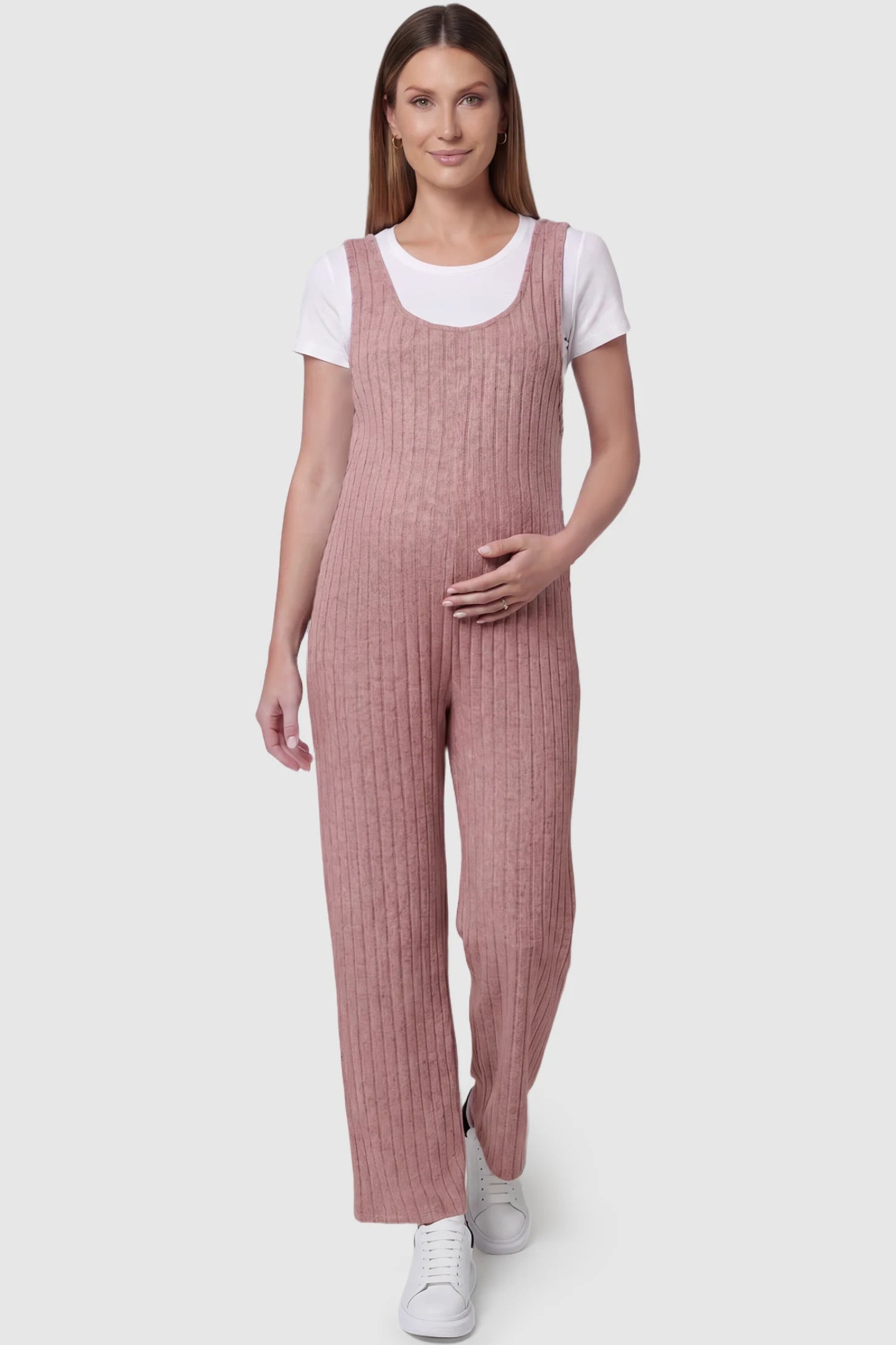 Ribbed Sleeveless Wide-Leg Maternity Jumpsuit Ribbed sleeveless wide-leg maternity jumpsuit in dark pink with sleeveless ribbed design, front view on pregnant model