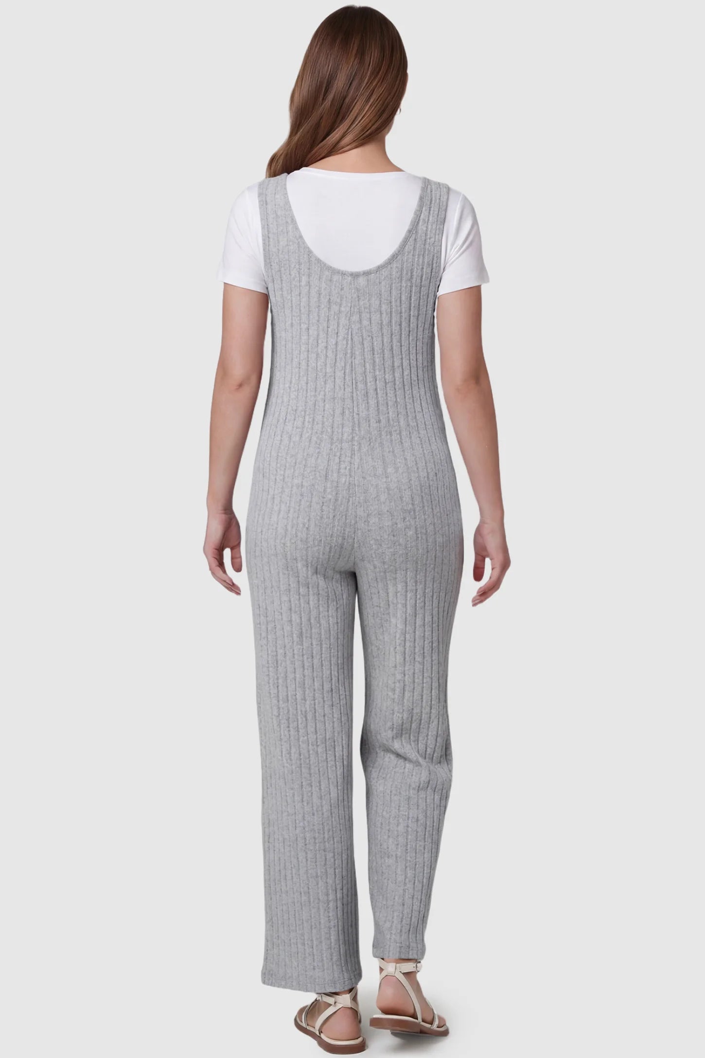 Ribbed Sleeveless Wide-Leg Maternity Jumpsuit Ribbed sleeveless wide-leg maternity jumpsuit in gray with sleeveless ribbed design, back view on pregnant model
