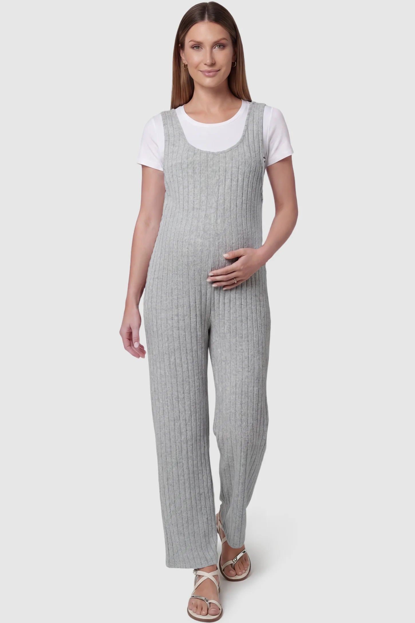Ribbed Sleeveless Wide-Leg Maternity Jumpsuit Ribbed sleeveless wide-leg maternity jumpsuit in gray with sleeveless ribbed design, front view on pregnant model