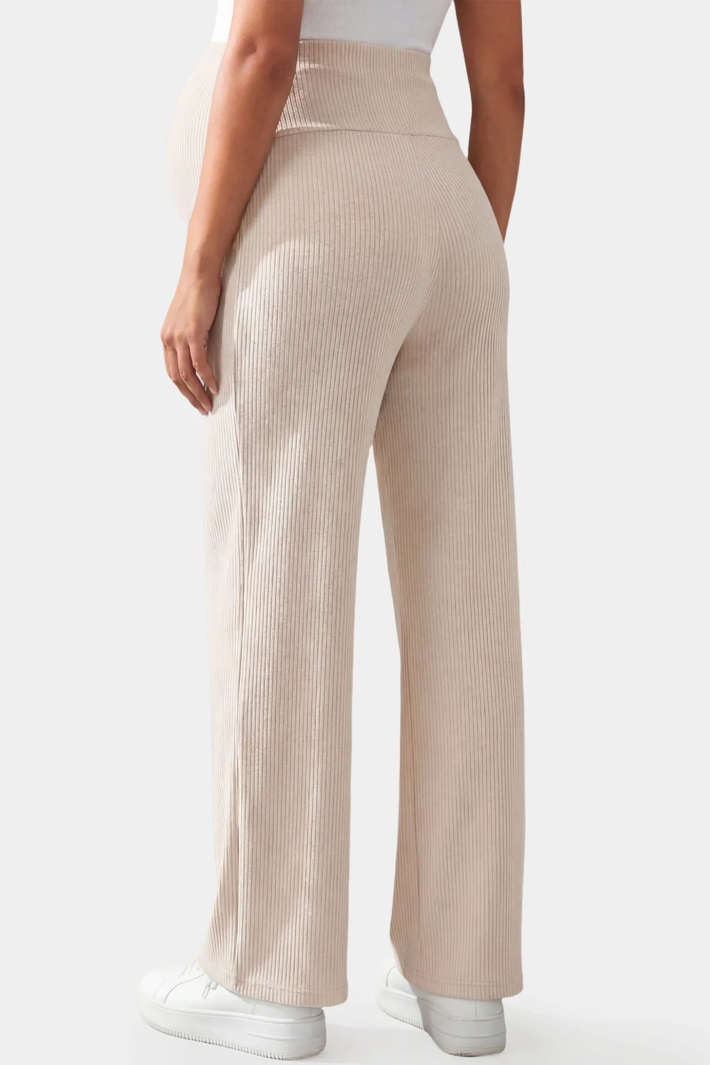 Adjustable Waistband High Waisted Wide-Leg Maternity Pants Adjustable waistband high waisted wide-leg maternity pants in beige featuring comfortable high-rise fit in back view on a pregnant model