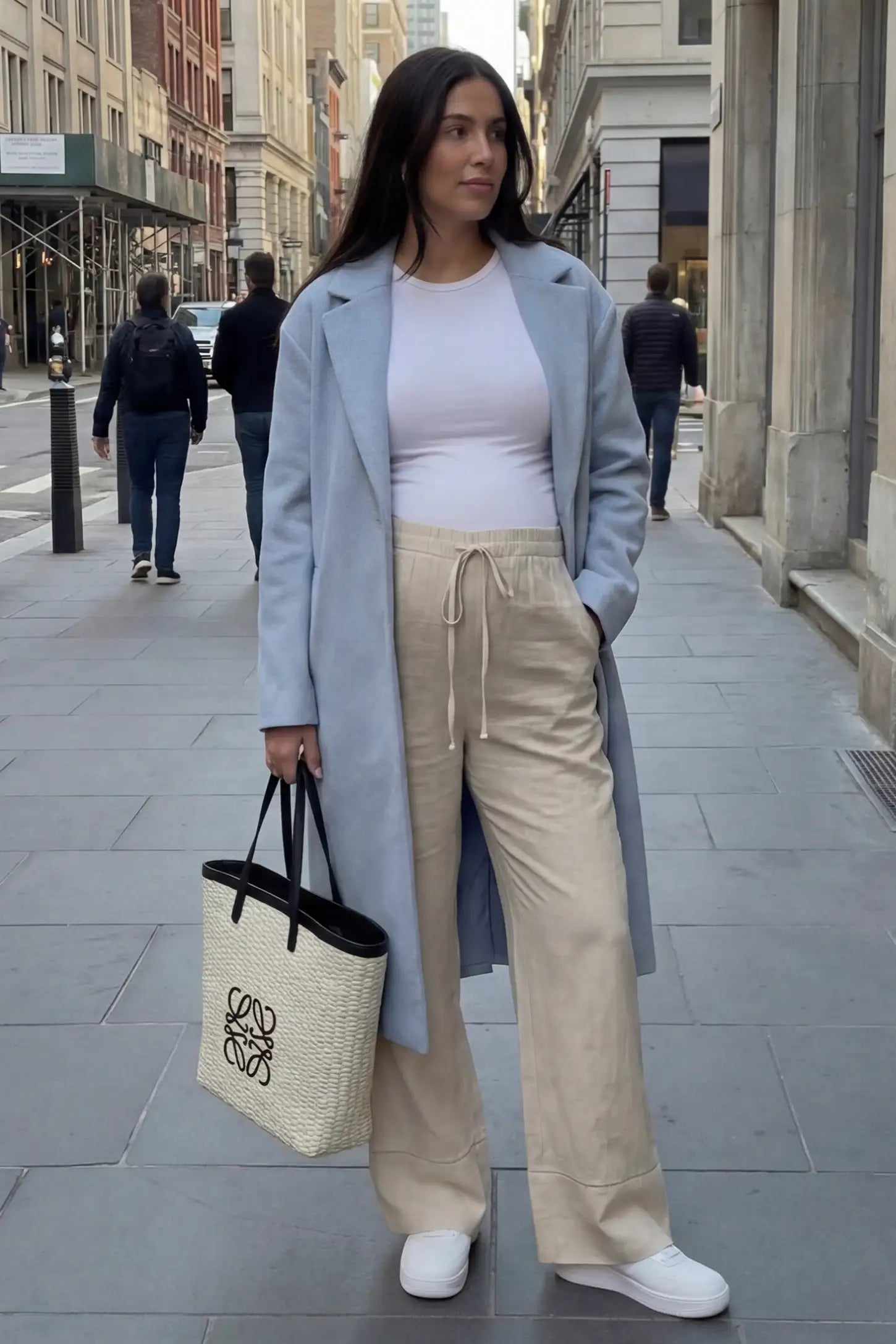 High-Waist Drawstring Wide-Leg Maternity Pants High-waist drawstring wide-leg maternity pants in black with loose silhouette, full body on editorial lifestyle model