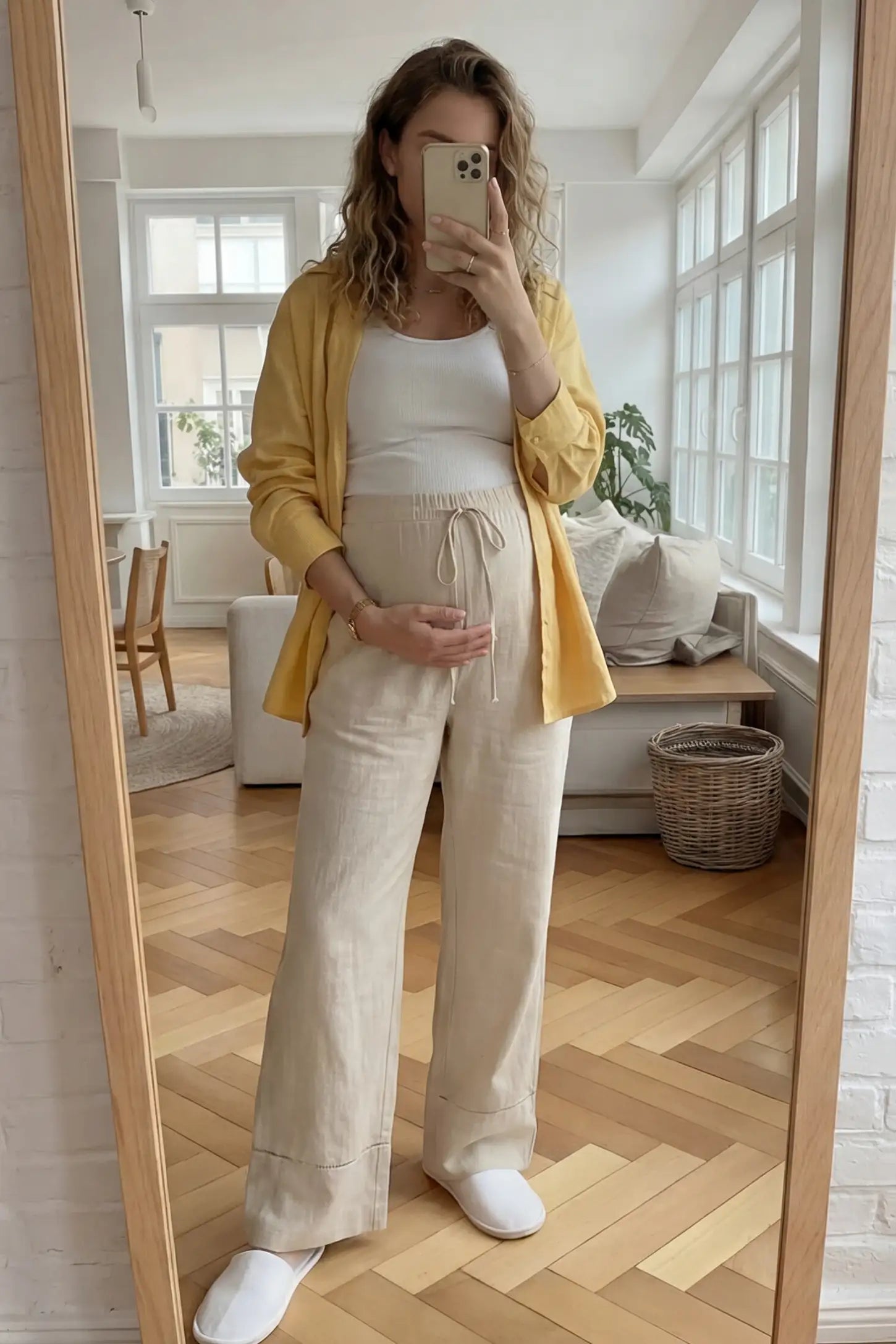 High-Waist Drawstring Wide-Leg Maternity Pants High-waist drawstring wide-leg maternity pants in black with loose silhouette, full body on UGC model