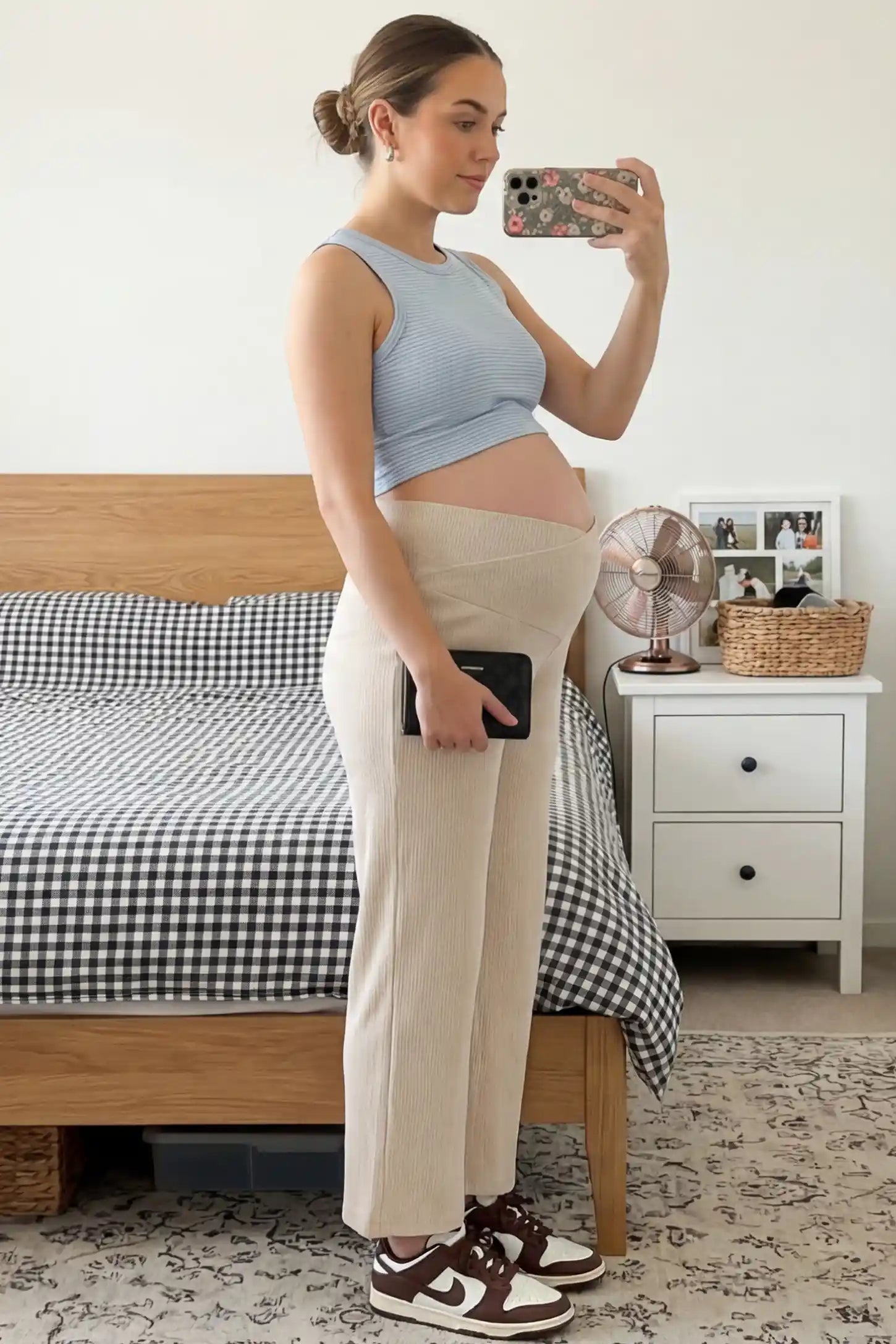 Adjustable Waistband High Waisted Wide-Leg Maternity Pants Adjustable waistband high waisted wide-leg maternity pants in beige featuring relaxed flowing silhouette in full body view on a UGC model