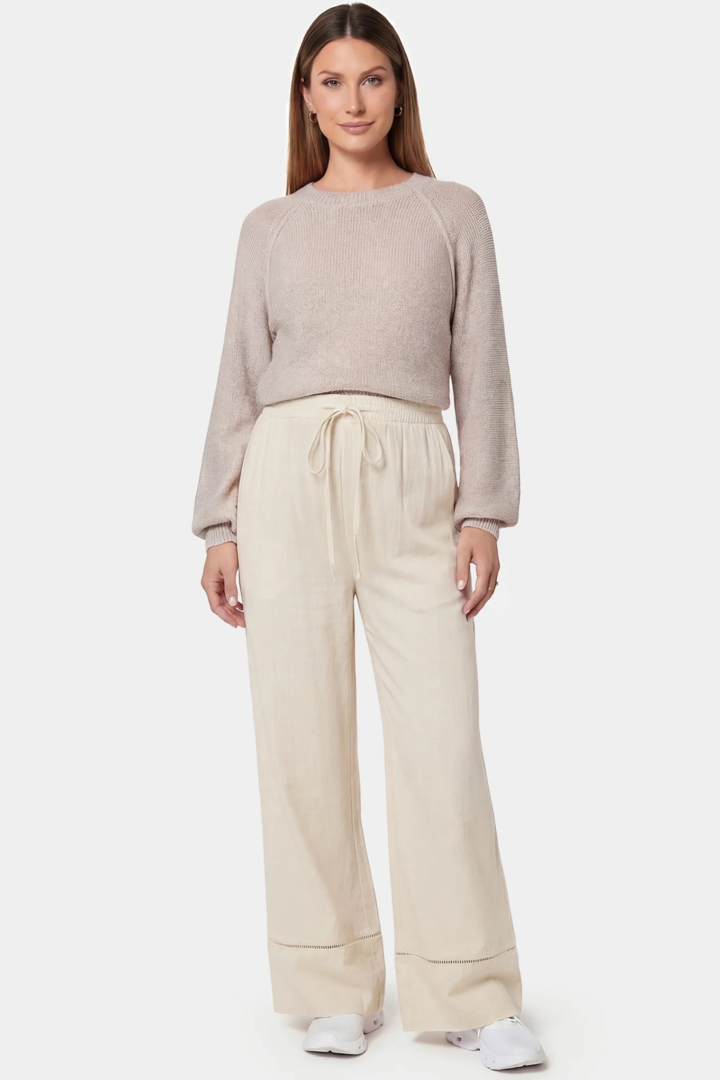 High-Waist Drawstring Wide-Leg Maternity Pants High-waist drawstring wide-leg maternity pants in beige with loose silhouette, full body on pregnant model