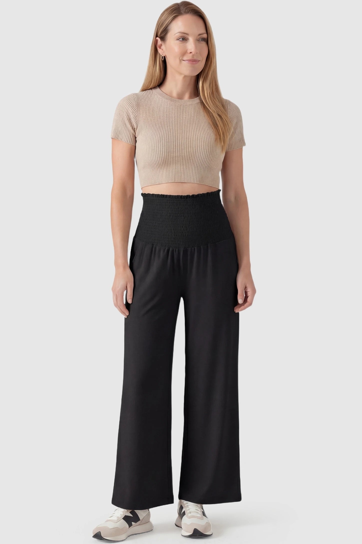 Stretch Waistband High-Waist Wide-Leg Maternity Pants High-waist wide-leg maternity pants in black gray with flexible fit, full body on postpartum model