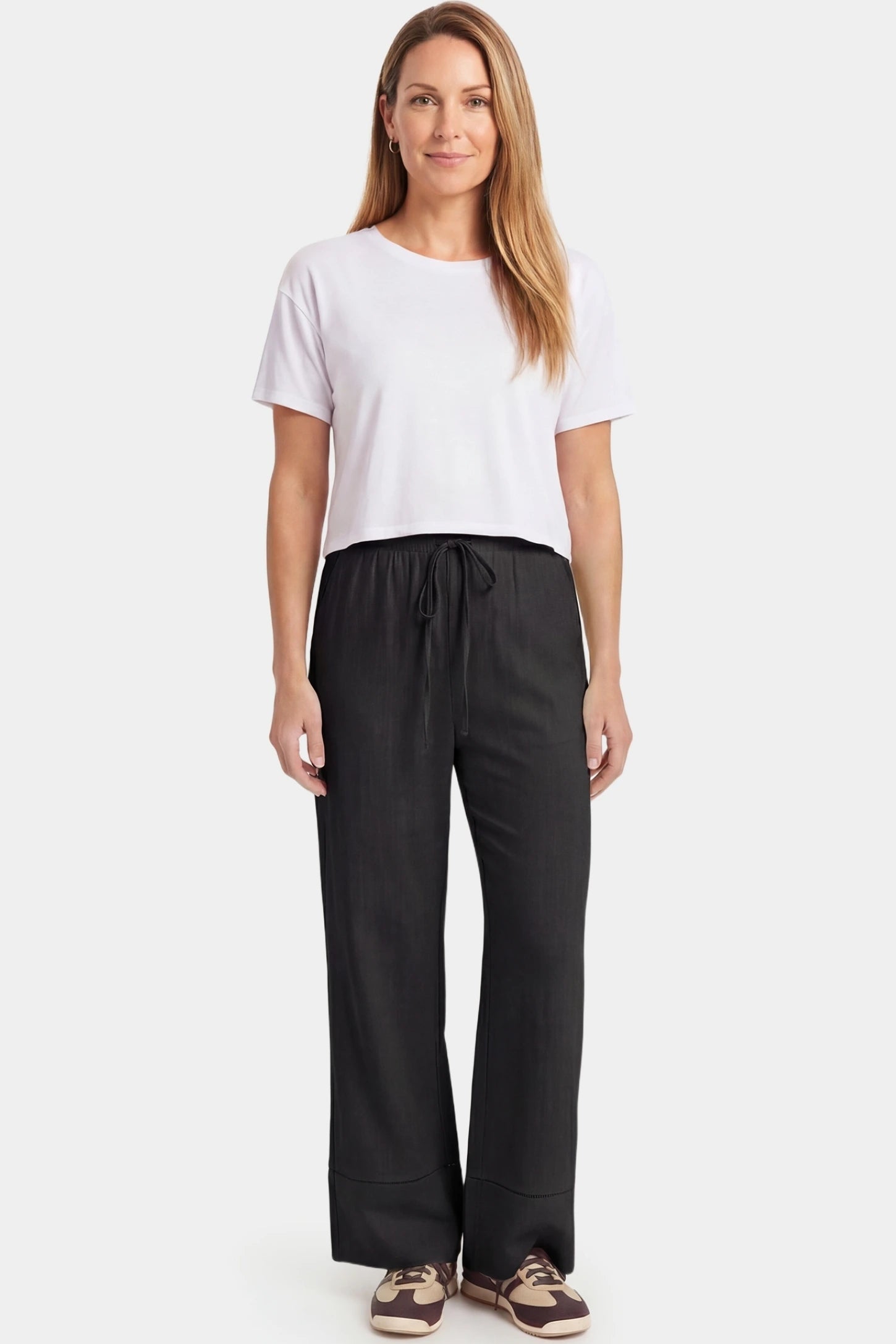 High-Waist Drawstring Wide-Leg Maternity Pants High-waist drawstring wide-leg maternity pants in black with breathable stretch blend, full body on postpartum model