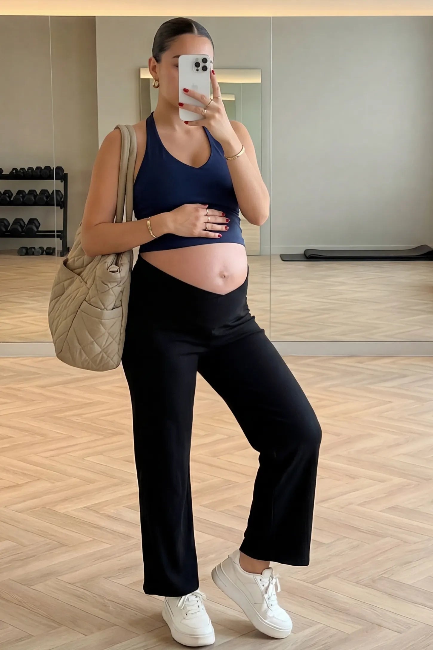 Adjustable Waistband High Waisted Wide-Leg Maternity Pants Adjustable waistband high waisted wide-leg maternity pants in black featuring relaxed flowing silhouette in full body view on a UGC model