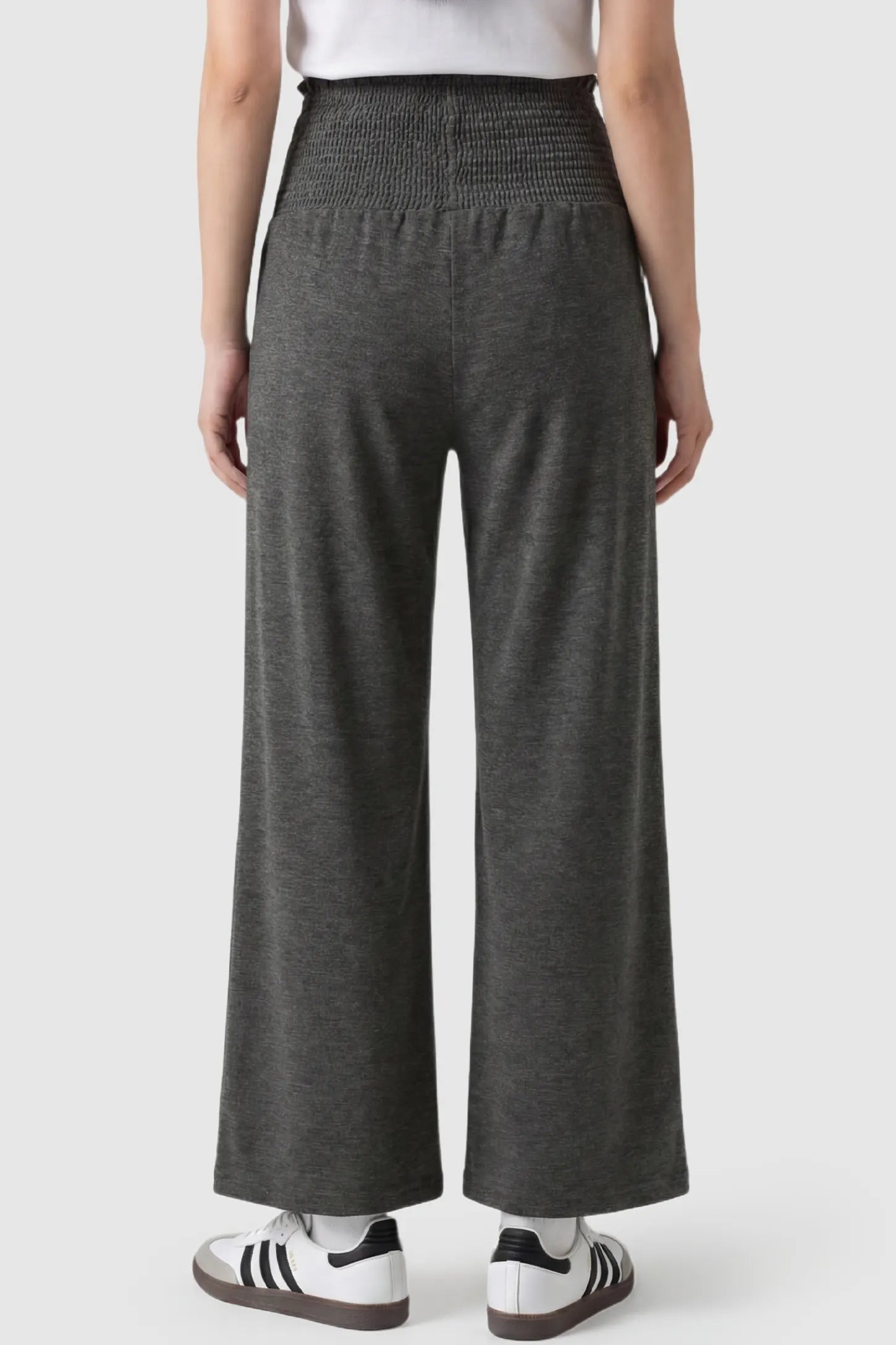 Stretch Waistband High-Waist Wide-Leg Maternity Pants High-waist wide-leg maternity pants in charcoal gray with wide-leg silhouette, back view on pregnant model
