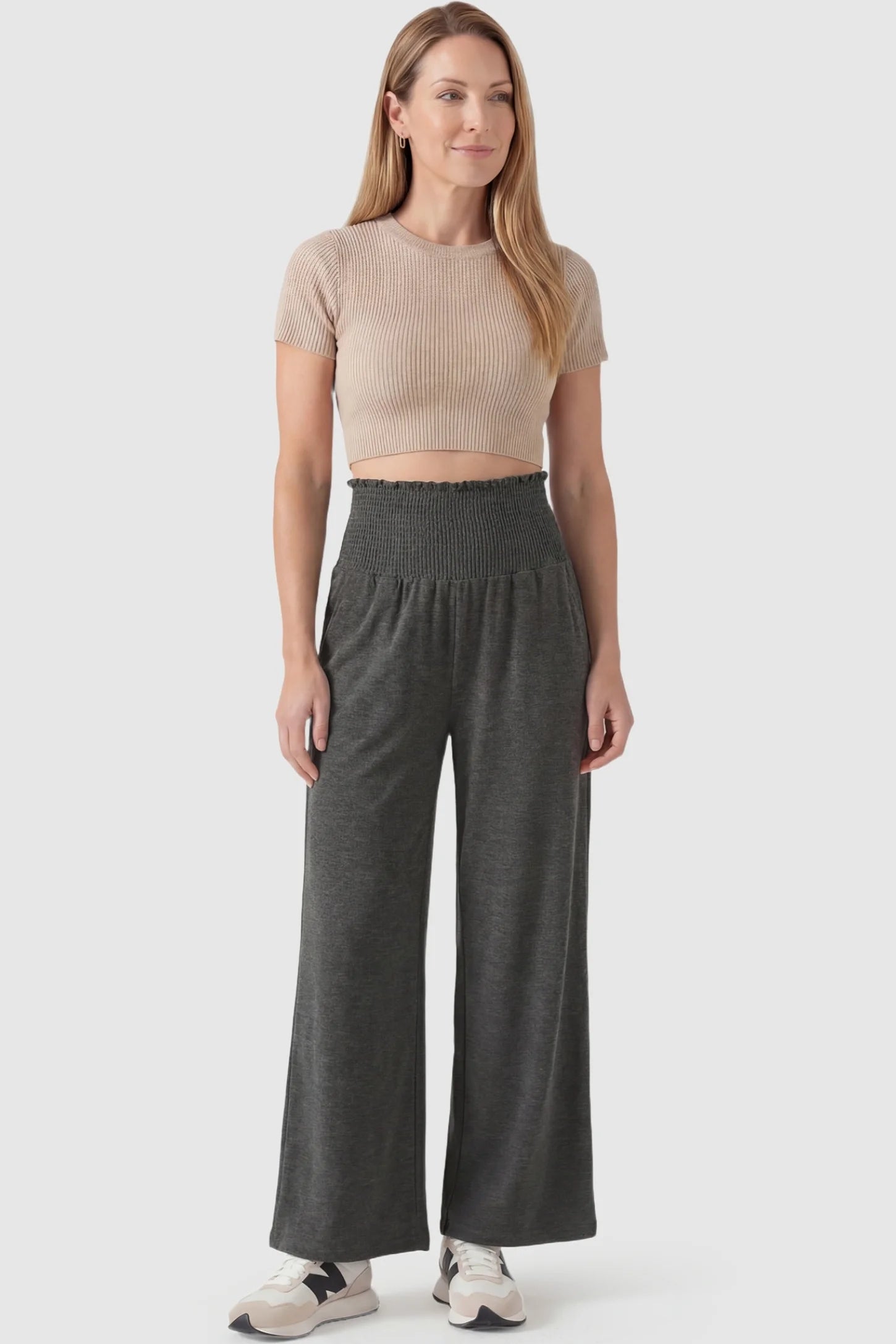 Stretch Waistband High-Waist Wide-Leg Maternity Pants High-waist wide-leg maternity pants in charcoal gray with flexible fit, full body on postpartum model