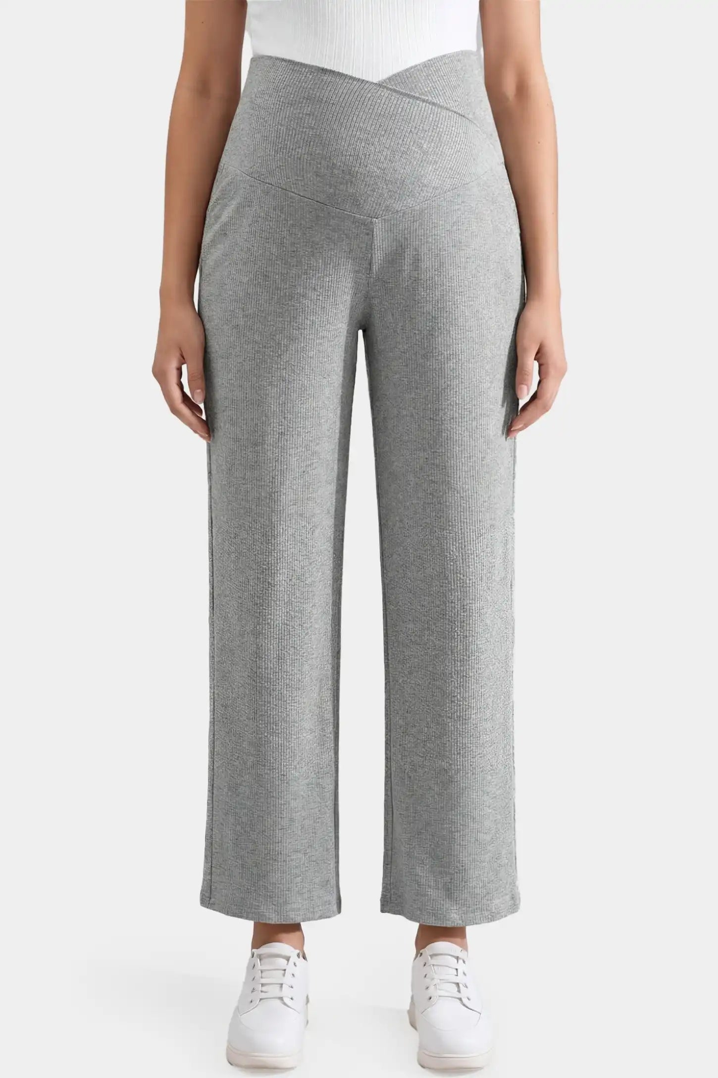 Adjustable Waistband High Waisted Wide-Leg Maternity Pants Adjustable waistband high waisted wide-leg maternity pants in gray featuring a wide-leg silhouette in front view on a pregnant model
