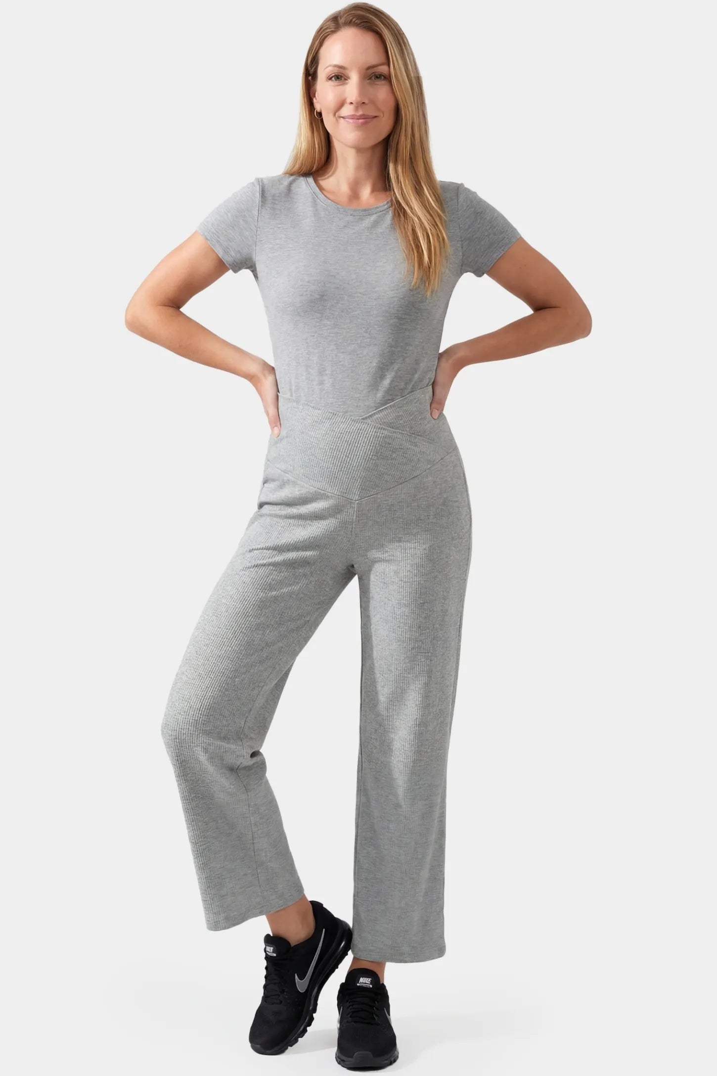 Adjustable Waistband High Waisted Wide-Leg Maternity Pants Adjustable waistband high waisted wide-leg maternity pants in gray featuring versatile everyday styling in full body view on a postpartum model