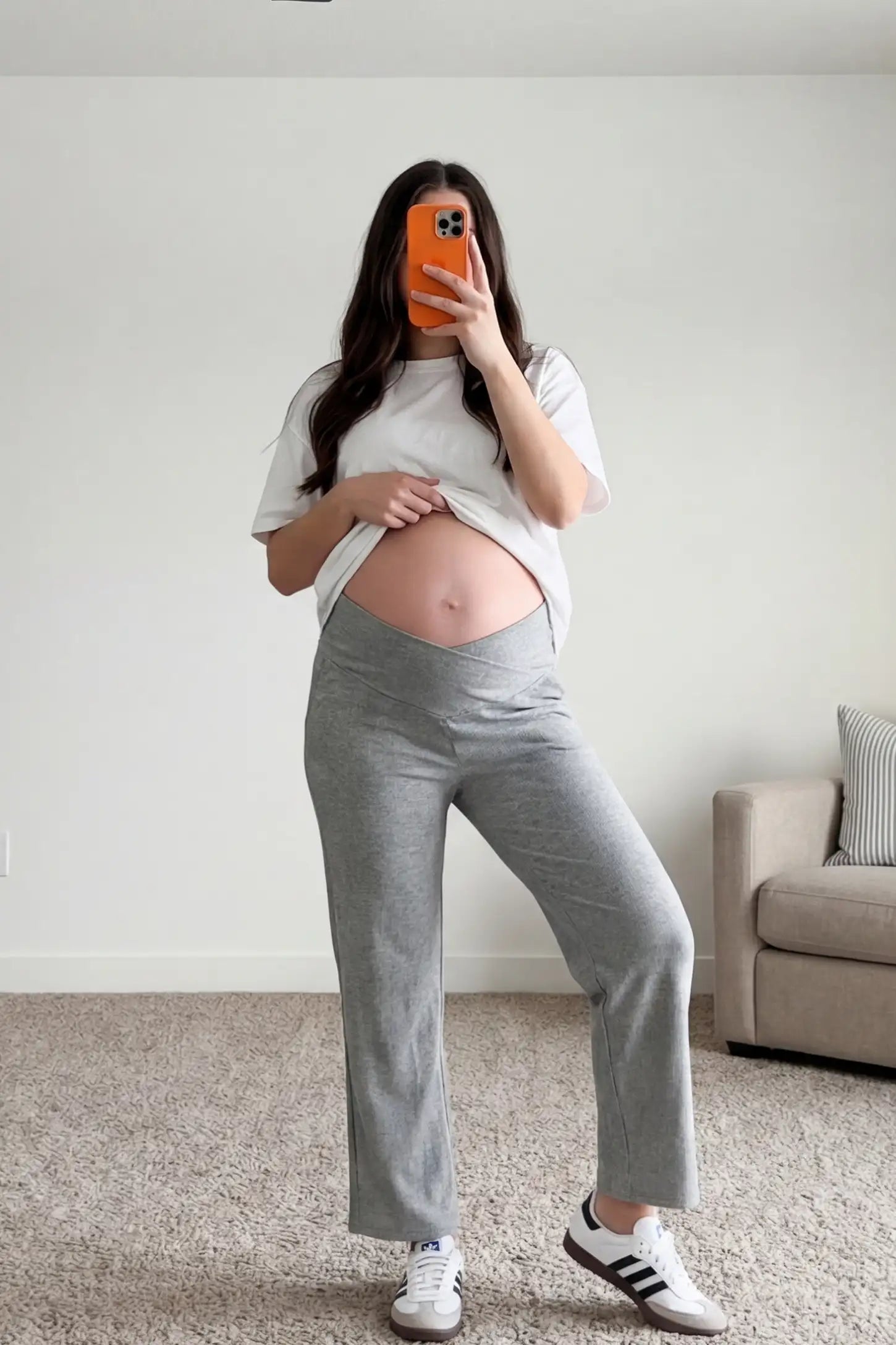 Adjustable Waistband High Waisted Wide-Leg Maternity Pants Adjustable waistband high waisted wide-leg maternity pants in gray featuring relaxed flowing silhouette in full body view on a UGC model