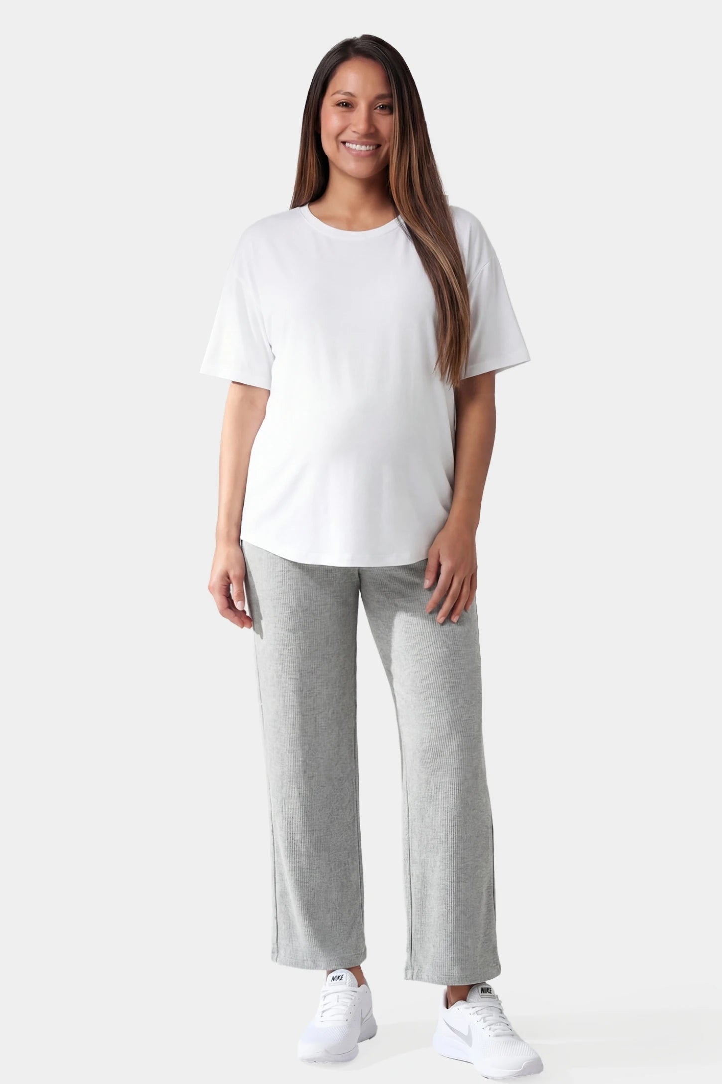 Adjustable Waistband High Waisted Wide-Leg Maternity Pants Adjustable waistband high waisted wide-leg maternity pants in gray featuring relaxed flowing silhouette in full body view on a pregnant model