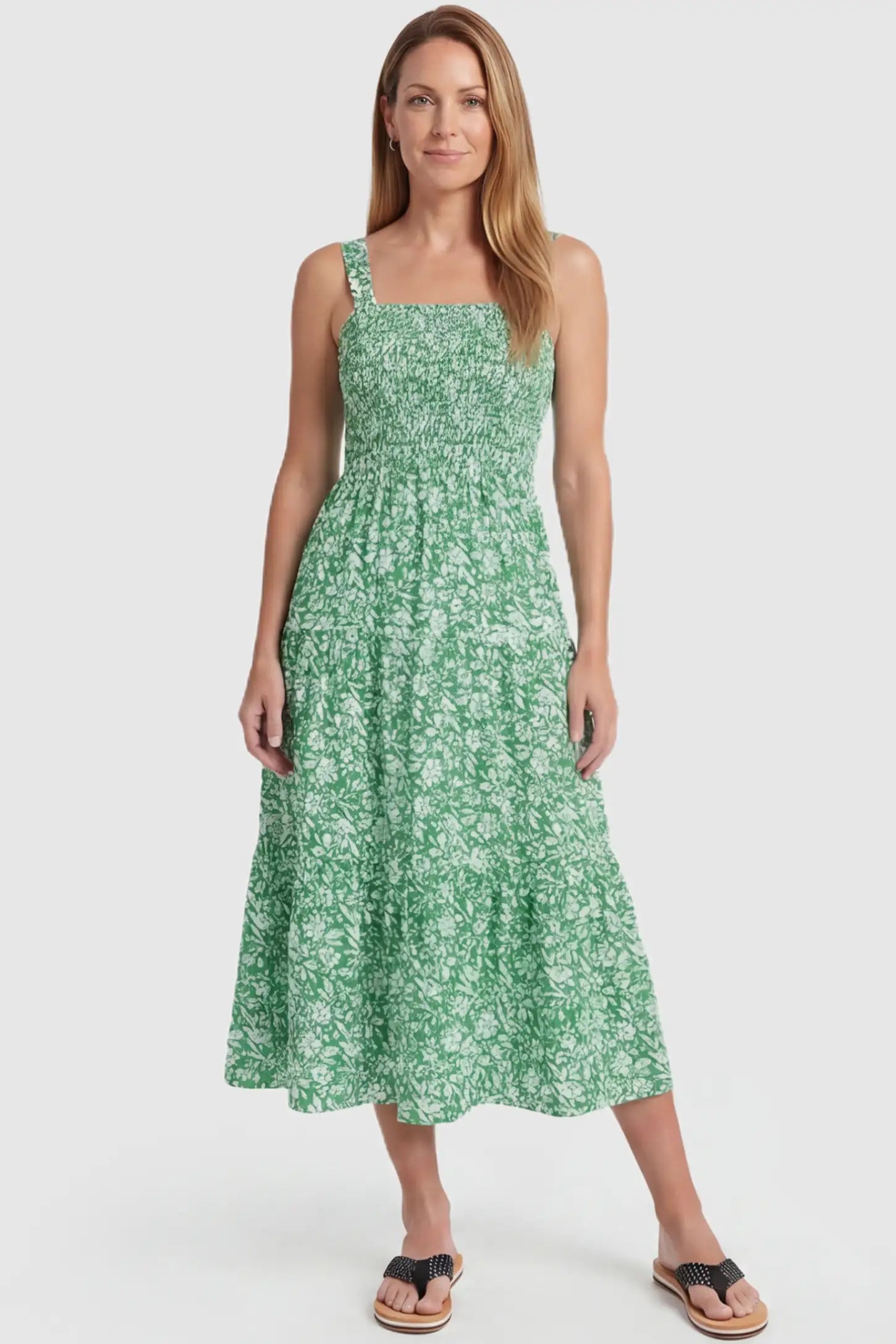 Floral Print Square Neck Tiered Maternity Sundress Floral Print Square Neck Tiered Maternity Sundress in green featuring smocked bodice and wide straps on postpartum model front view