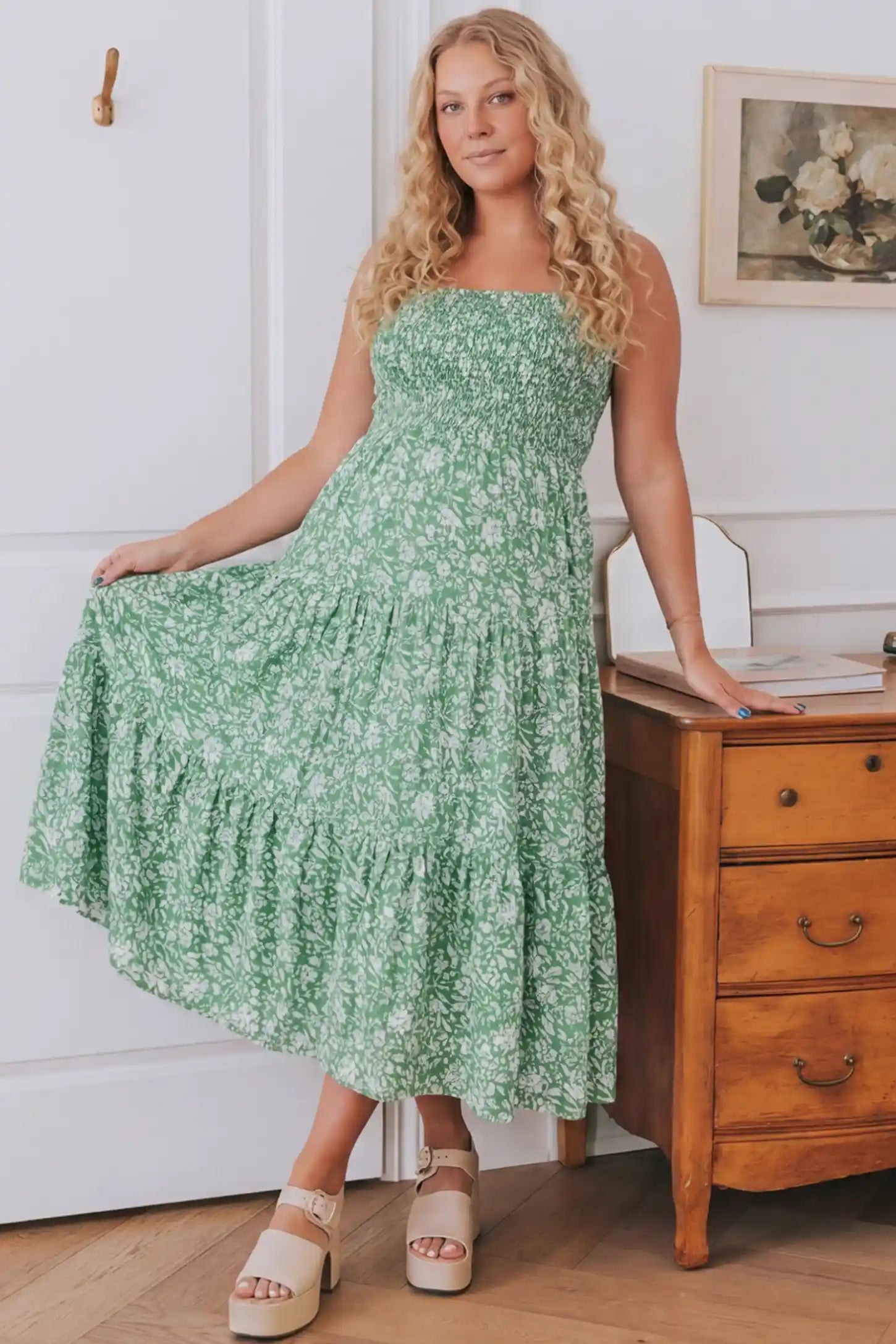 Floral Print Square Neck Tiered Maternity Sundress Floral Print Square Neck Tiered Maternity Sundress in green featuring smocked bodice and wide straps on pregnant woman front view