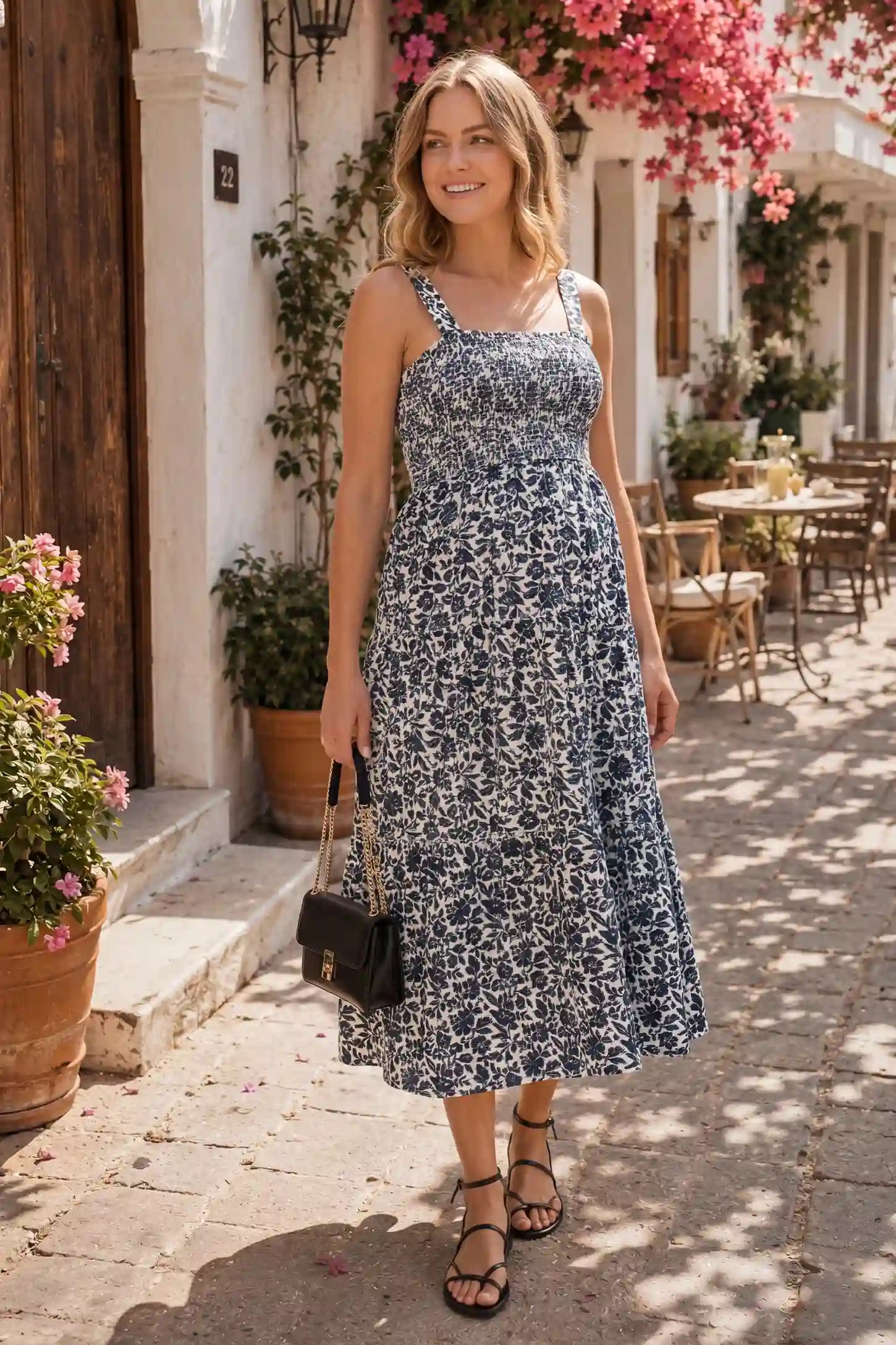 Floral Print Square Neck Tiered Maternity Sundress Floral Print Square Neck Tiered Maternity Sundress in navy blue featuring smocked bodice and wide straps on pregnant model front view