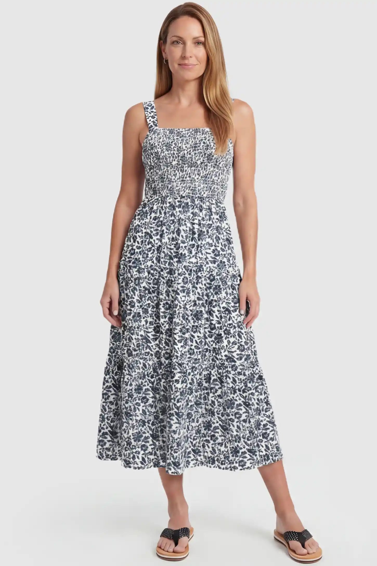 Floral Print Square Neck Tiered Maternity Sundress Floral Print Square Neck Tiered Maternity Sundress in navy blue featuring smocked bodice and wide straps on postpartum model front view