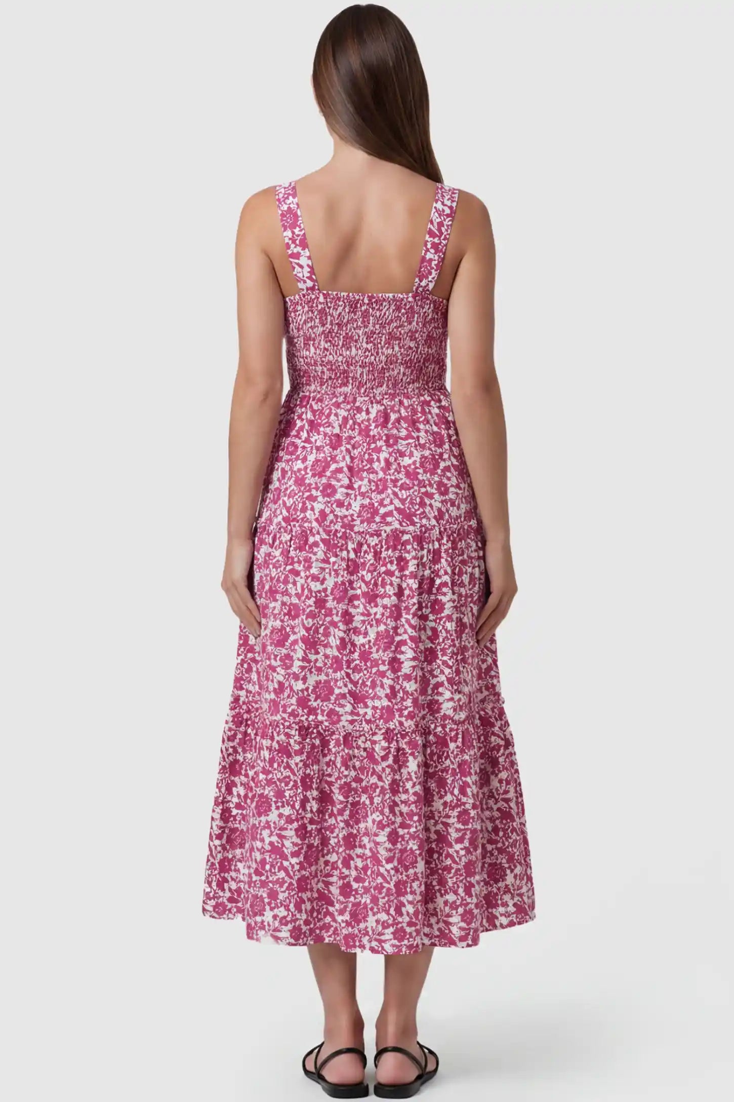 Floral Print Square Neck Tiered Maternity Sundress Floral Print Square Neck Tiered Maternity Sundress in rose red featuring smocked bodice and wide straps on pregnant model back view