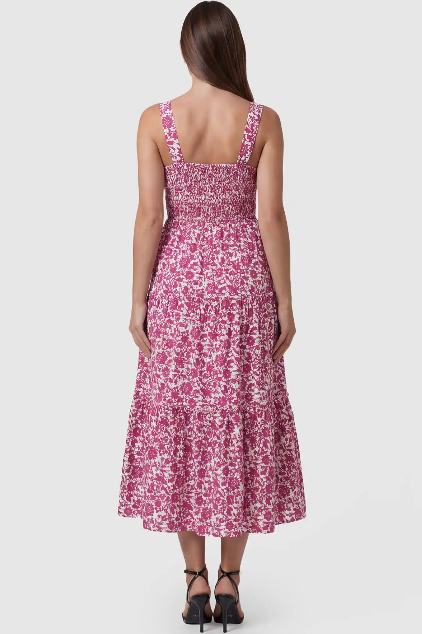 Floral Print Square Neck Tiered Maternity Sundress Floral Print Square Neck Tiered Maternity Sundress in rose red featuring smocked bodice and wide straps on pregnant model