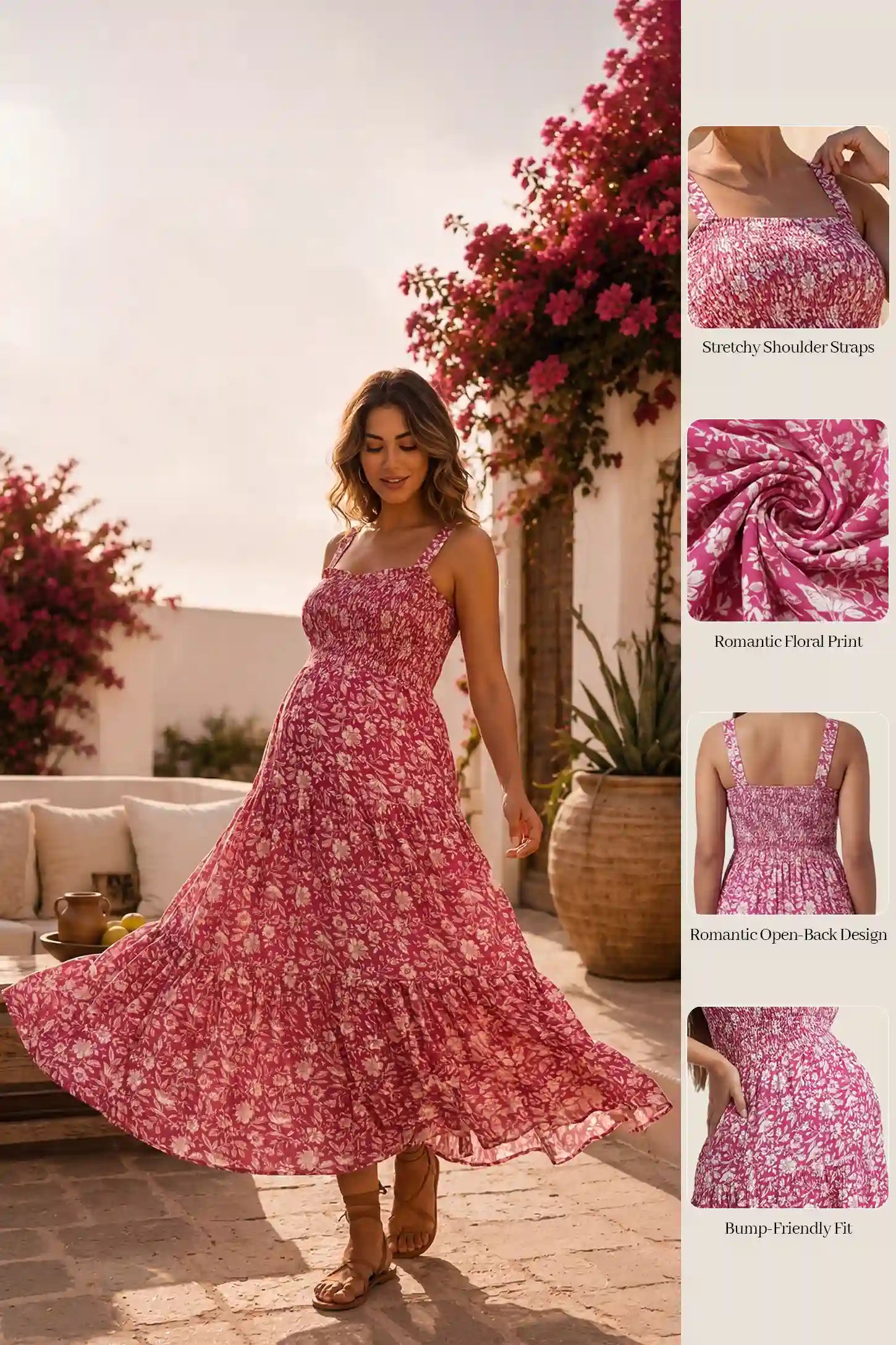 Floral Print Square Neck Tiered Maternity Sundress Floral Print Square Neck Tiered Maternity Sundress in rose red featuring smocked bodice and wide straps on pregnant woman front view