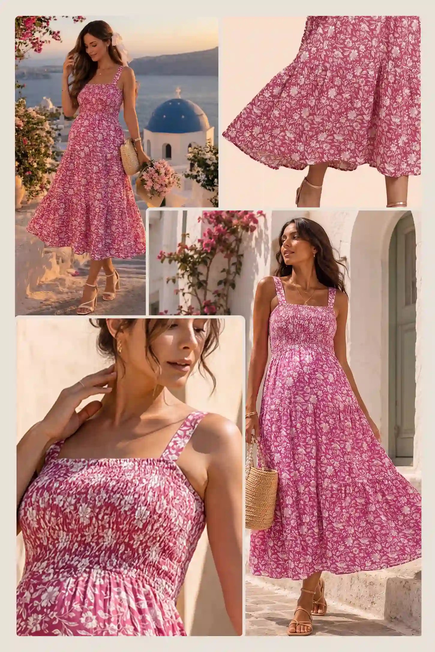 Floral Print Square Neck Tiered Maternity Sundress in rose red featuring smocked bodice and wide straps on pregnant woman front view