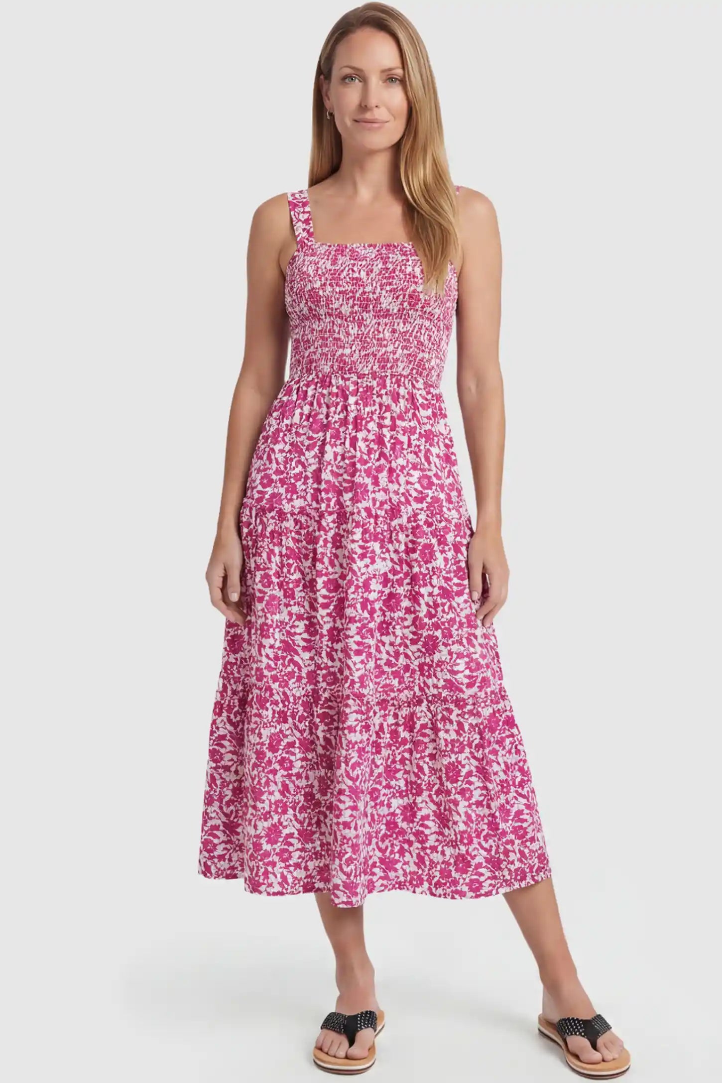 Floral Print Square Neck Tiered Maternity Sundress Floral Print Square Neck Tiered Maternity Sundress in rose red featuring smocked bodice and wide straps on postpartum model front view