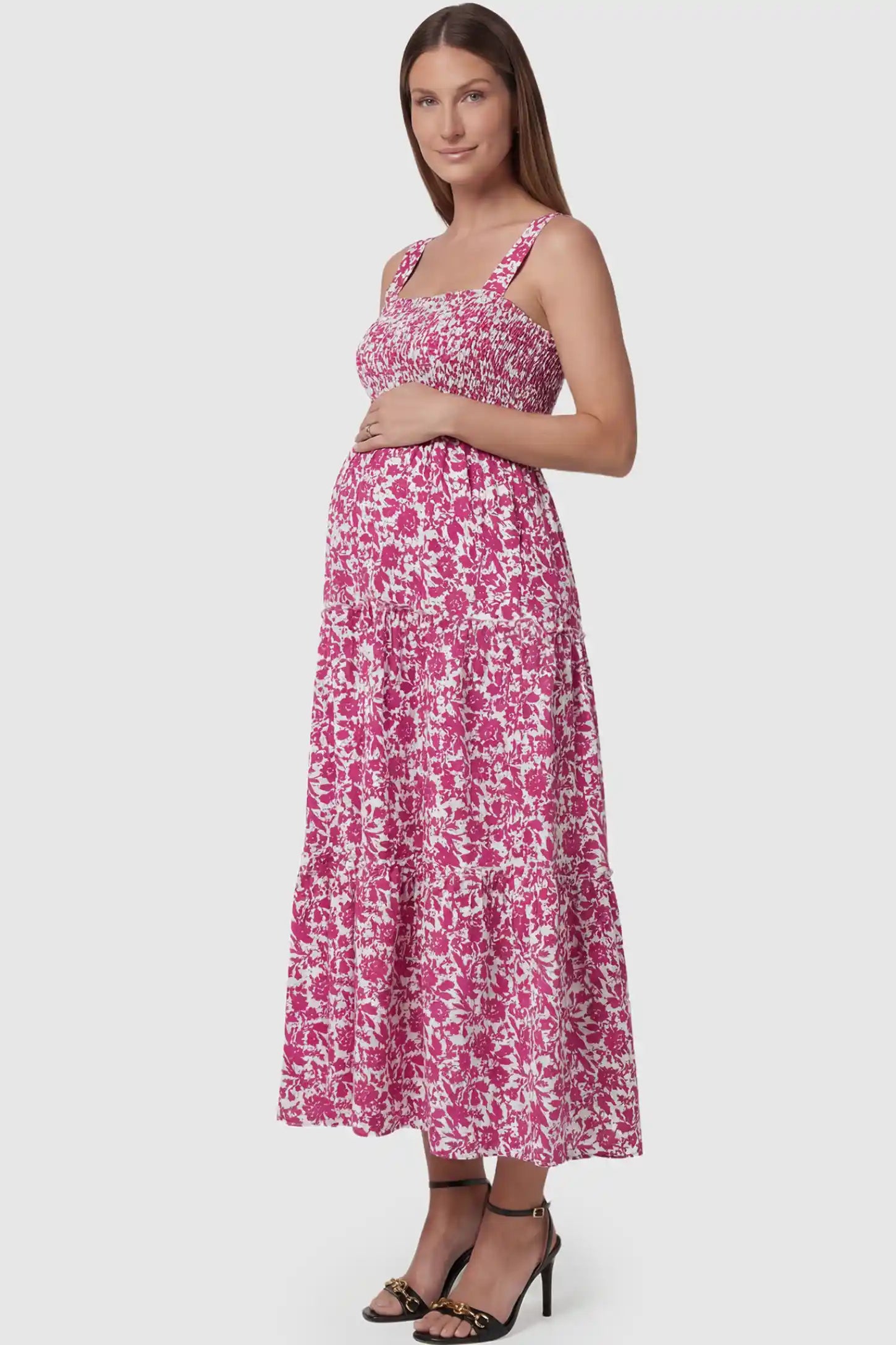 Floral Print Square Neck Tiered Maternity Sundress in rose red featuring smocked bodice and wide straps on pregnant model