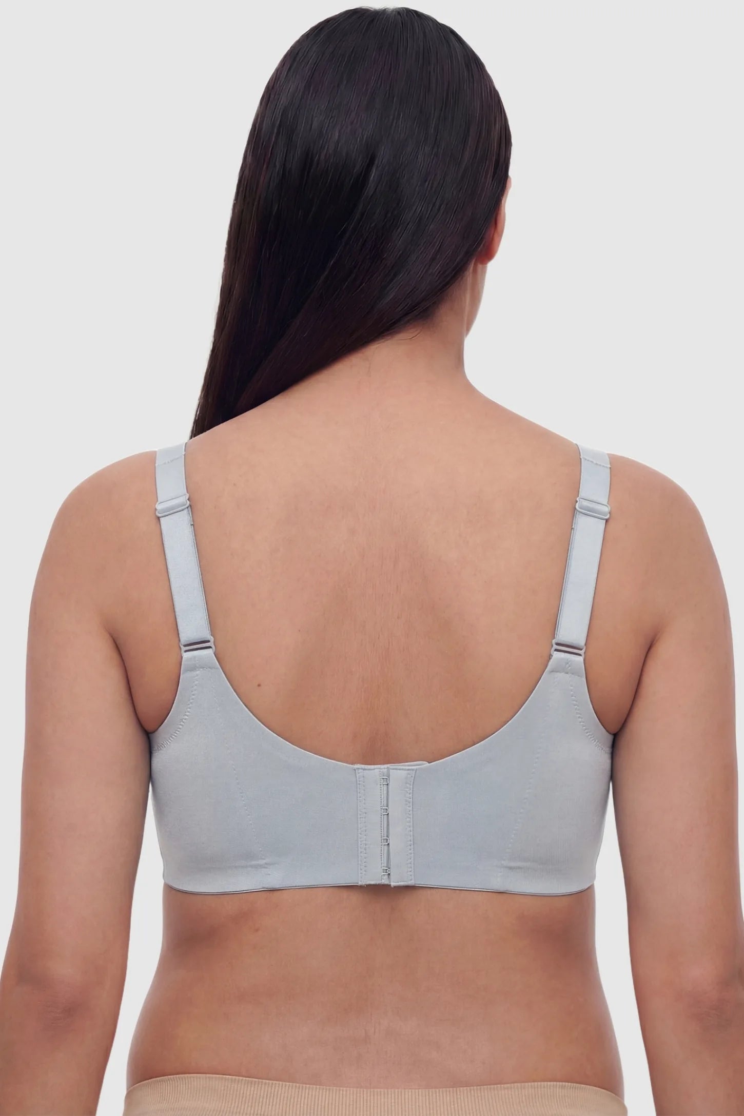 Wireless Front-Open Scalloped Lace Maternity Nursing Bra Wireless Front-Open Scalloped Lace Maternity Nursing Bra in Gray Blue featuring a 3-row hook back view on a pregnant model.