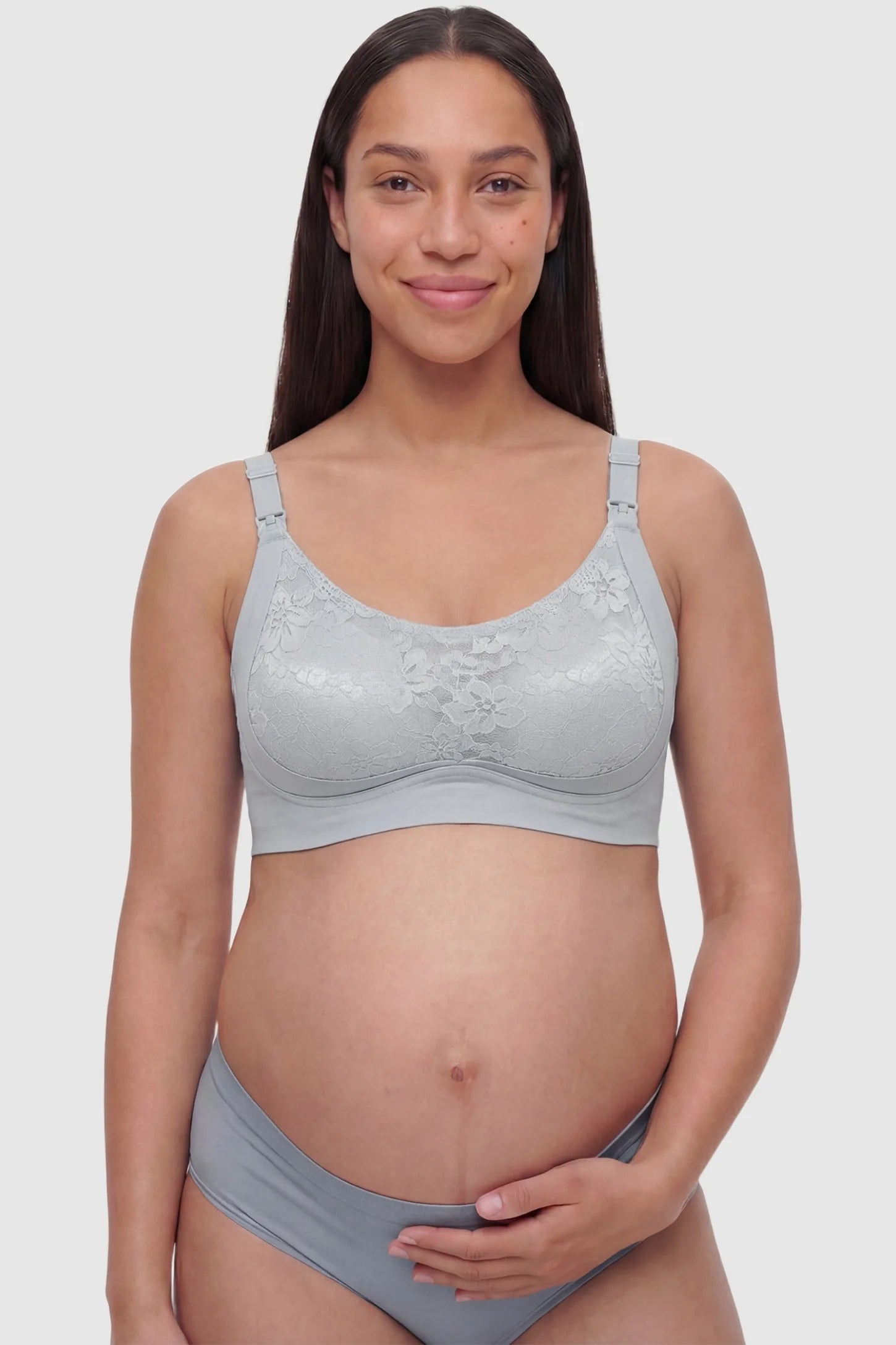 Wireless Front-Open Scalloped Lace Maternity Nursing Bra Wireless Front-Open Scalloped Lace Maternity Nursing Bra in Gray Blue featuring a front-open nursing structure on a front angle view of a pregnant model.