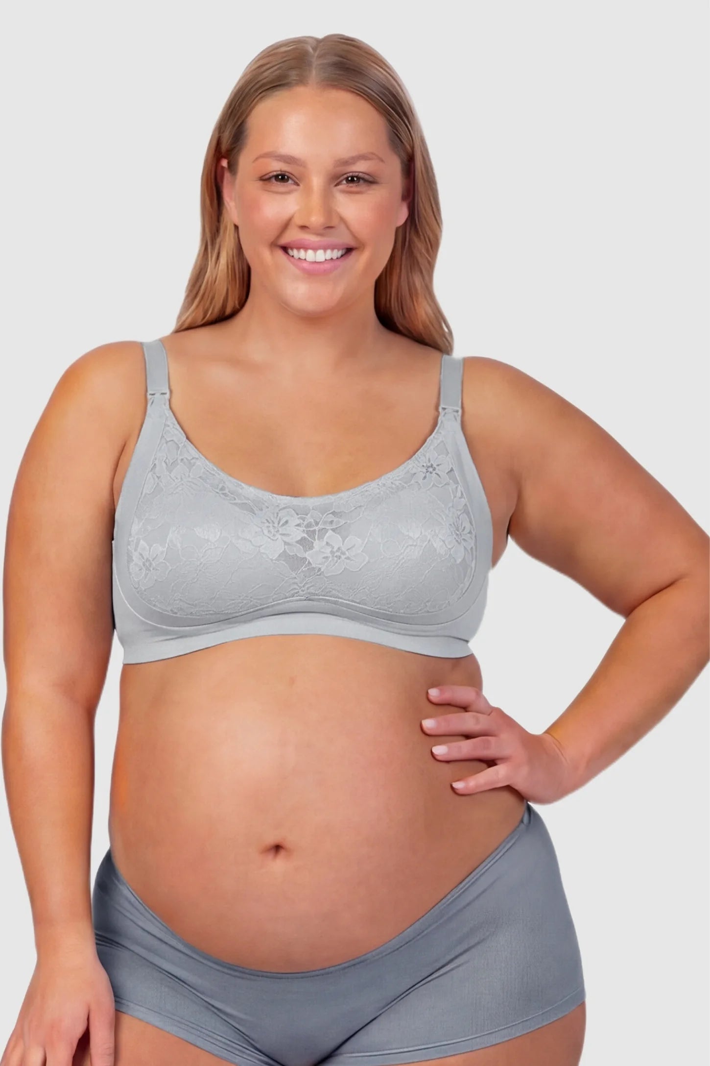 Wireless Front-Open Scalloped Lace Maternity Nursing Bra Wireless Front-Open Scalloped Lace Maternity Nursing Bra in Gray Blue featuring a front-open nursing structure on a front angle view of a plus size pregnant model.