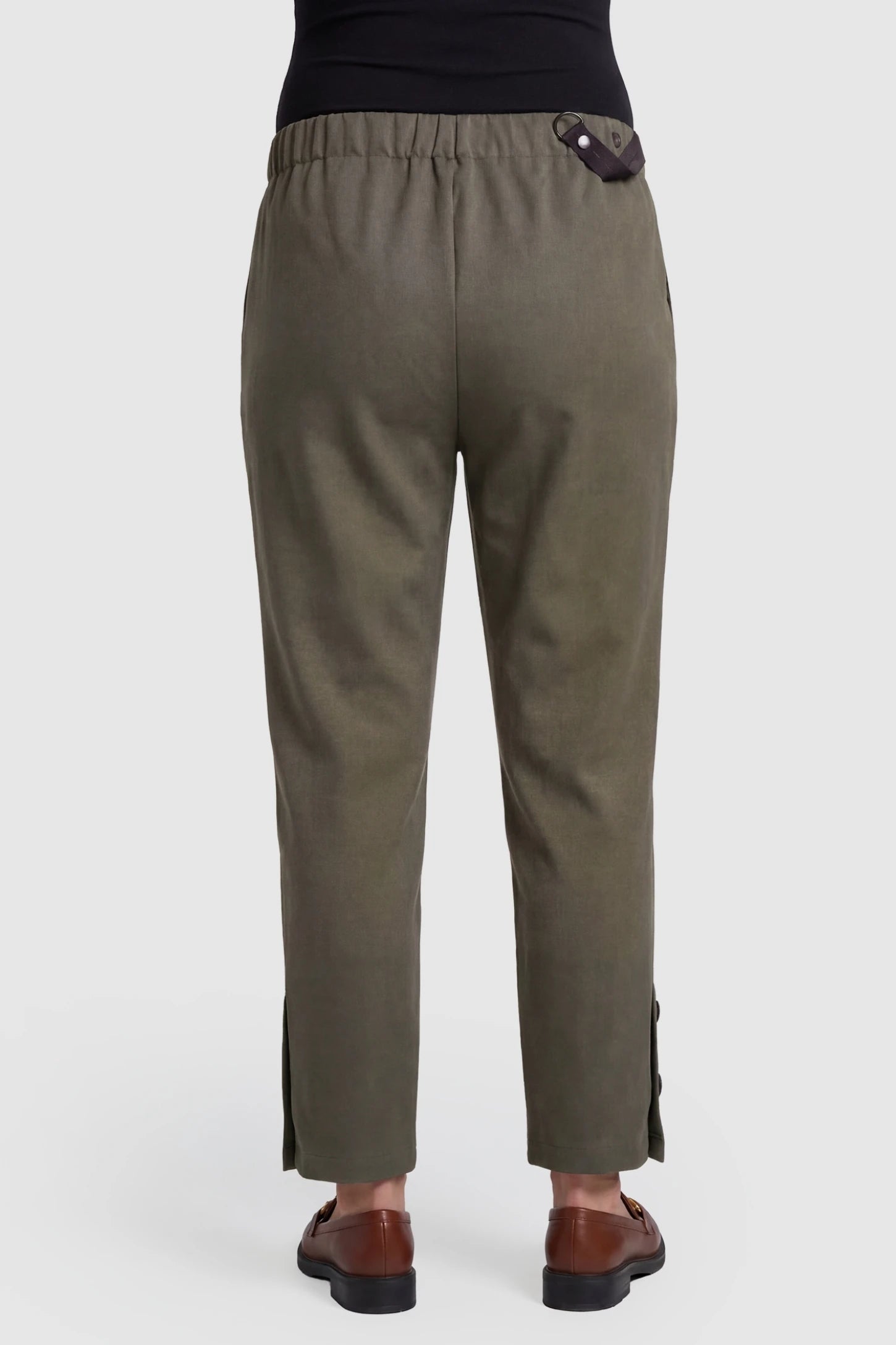 Woolen Blend Adjustable Cropped Wide Leg Maternity Slacks Back view of Coffee Woolen Blend Adjustable Cropped Wide Leg Maternity Slacks featuring a comfortable elasticized waistband.
