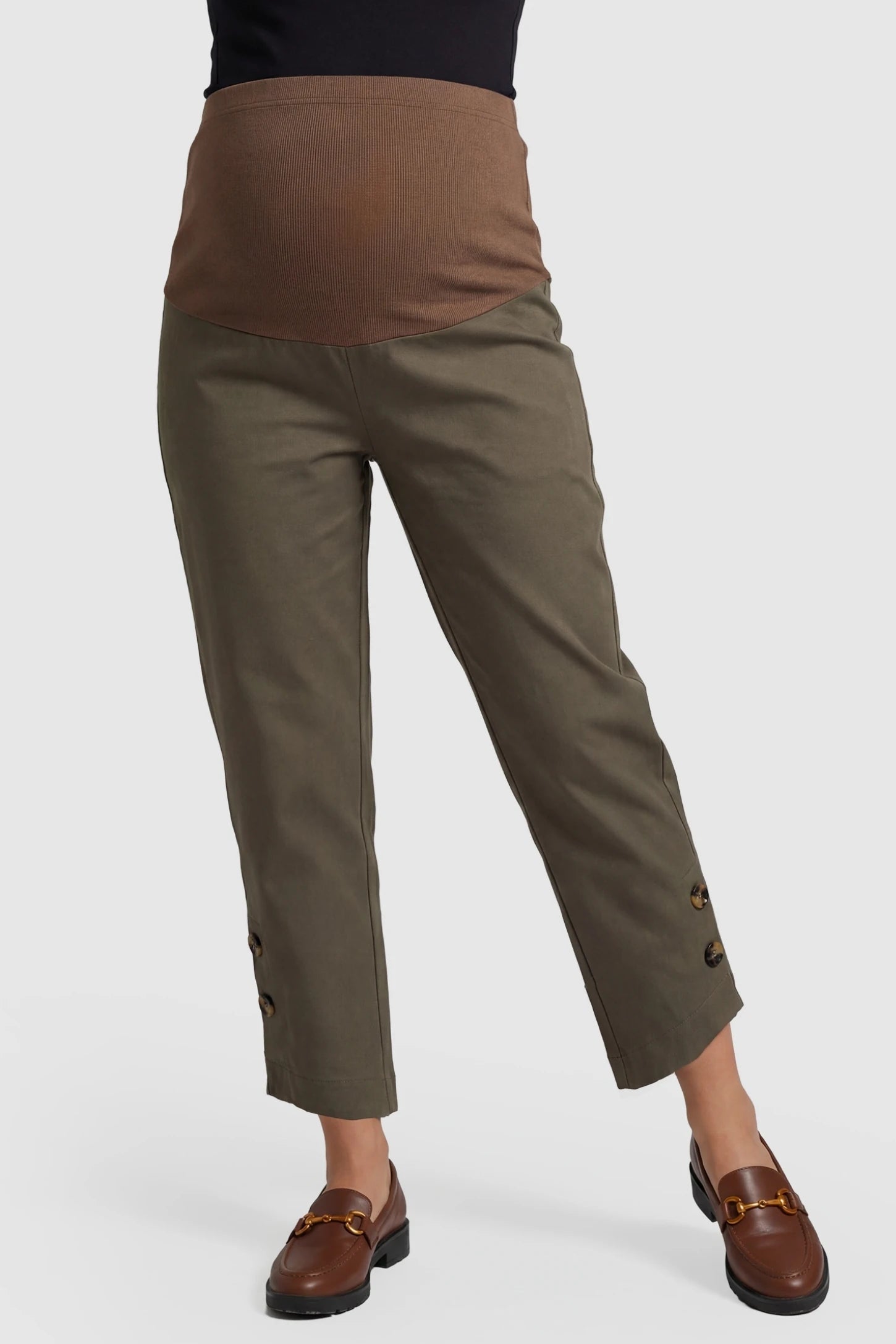 Woolen Blend Adjustable Cropped Wide Leg Maternity Slacks Front view of Coffee Woolen Blend Adjustable Cropped Wide Leg Maternity Slacks with a supportive over-the-bump band.