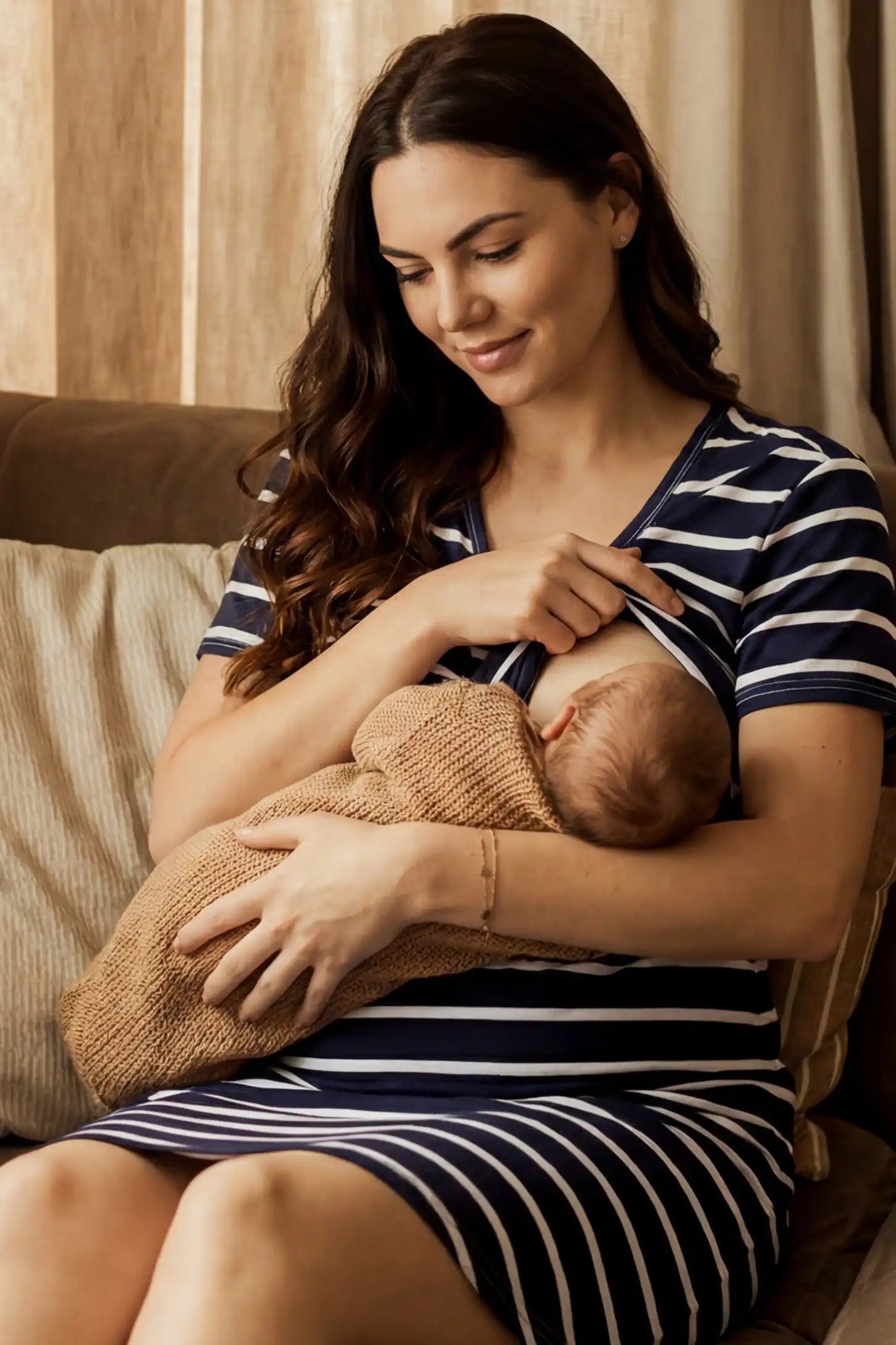 Short Sleeve Faux Wrap Maternity & Nursing Midi Dress Short Sleeve Faux Wrap Maternity & Nursing Midi Dress in navy striped print featuring nursing access on a pregnant woman.