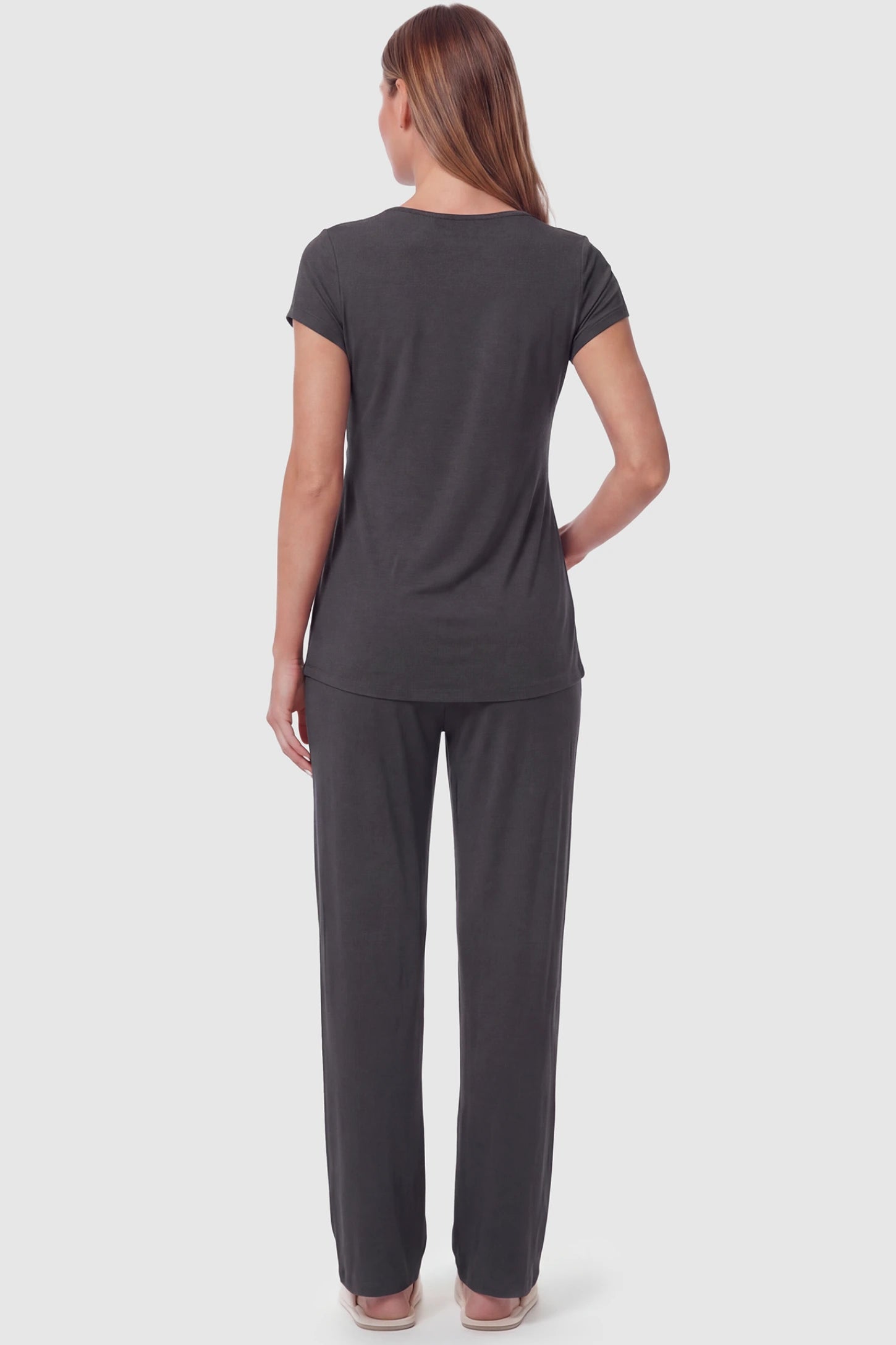 Wrap-Front Wide-Leg Maternity & Nursing Pajama Set Wrap-Front Wide-Leg Maternity & Nursing Pajama Set in dark gray featuring flowy wide-leg pants on pregnant model.