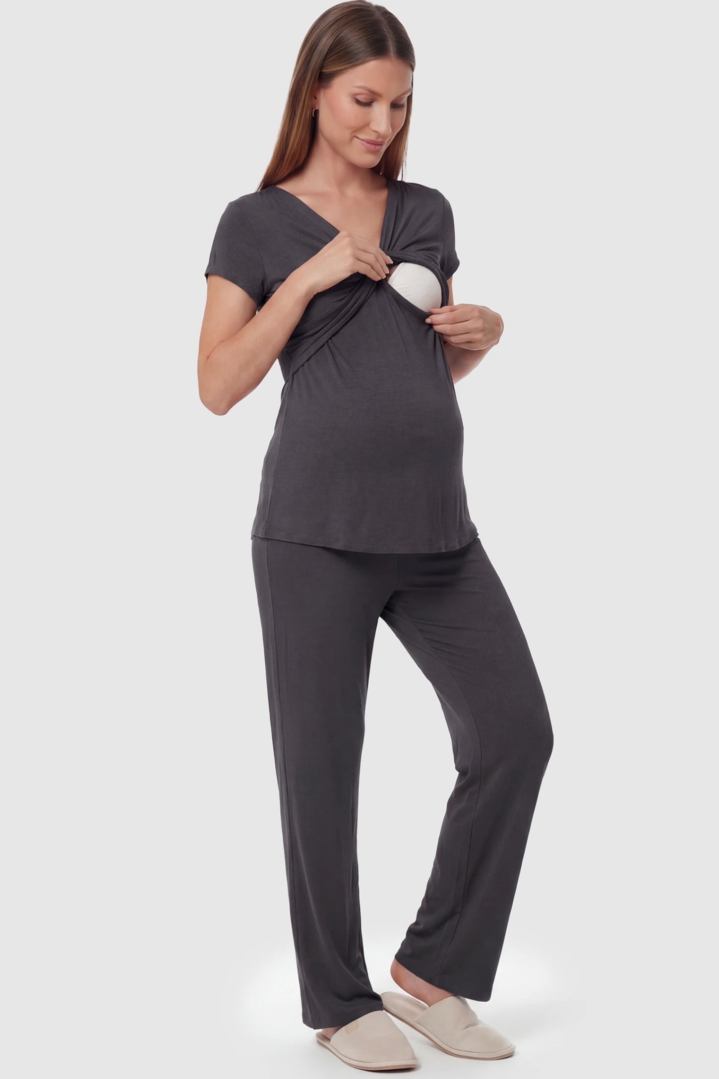 Wrap-Front Wide-Leg Maternity & Nursing Pajama Set Wrap-Front Wide-Leg Maternity & Nursing Pajama Set in dark gray featuring nursing access and flowy wide-leg pants on pregnant model.