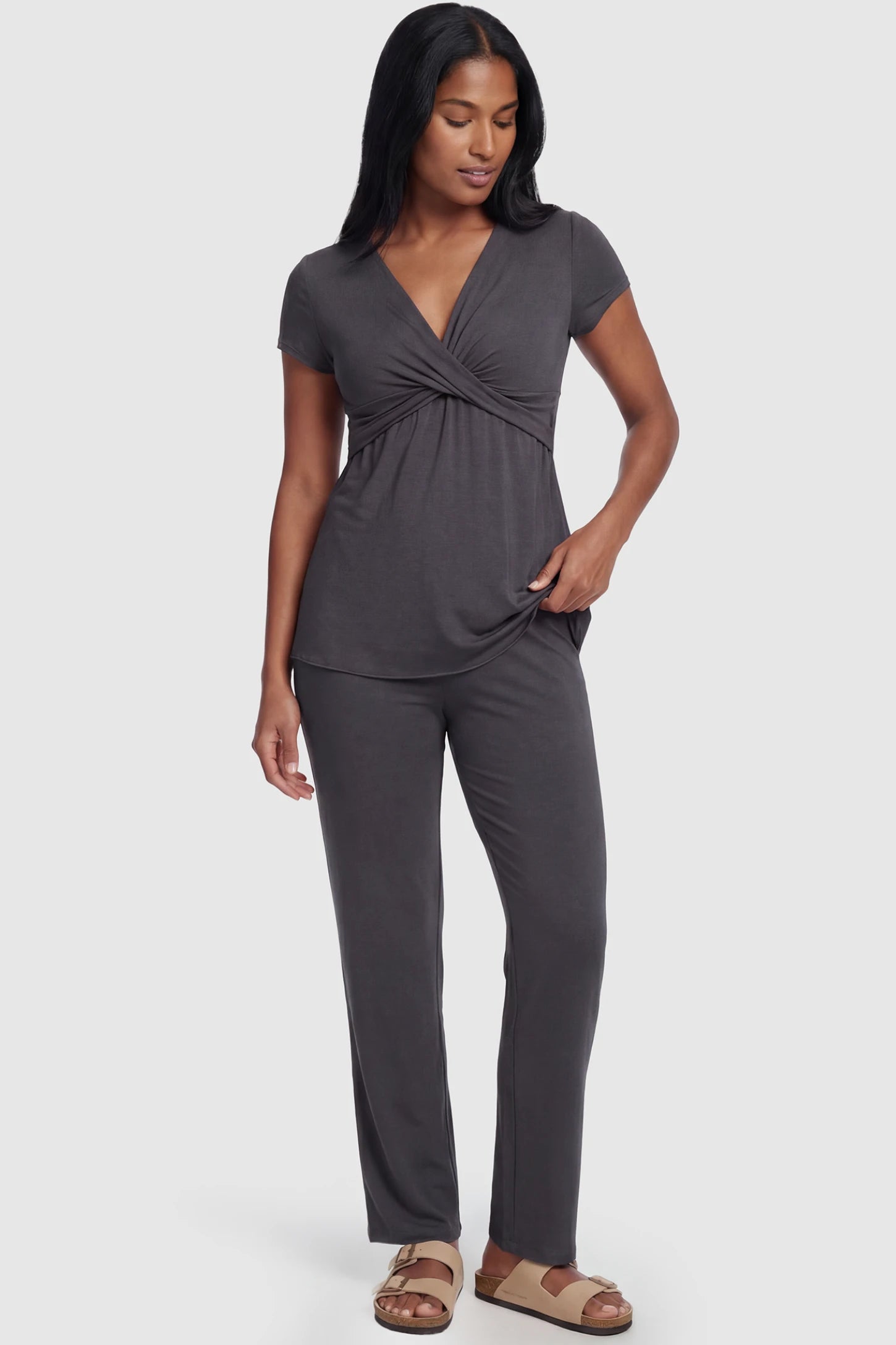 Wrap-Front Wide-Leg Maternity & Nursing Pajama Set Wrap-Front Wide-Leg Maternity & Nursing Pajama Set in dark gray featuring V-neck crossover top and flowy wide-leg pants on non pregnant model.