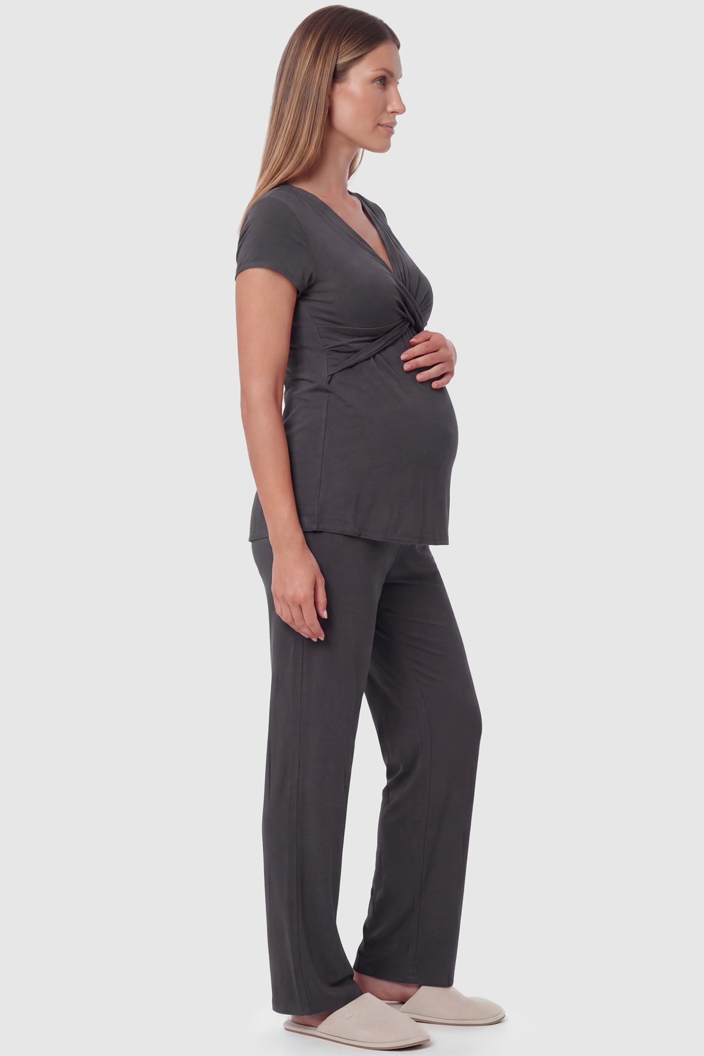 Wrap-Front Wide-Leg Maternity & Nursing Pajama Set Wrap-Front Wide-Leg Maternity & Nursing Pajama Set in dark gray featuring V-neck crossover top and flowy wide-leg pants on pregnant model.