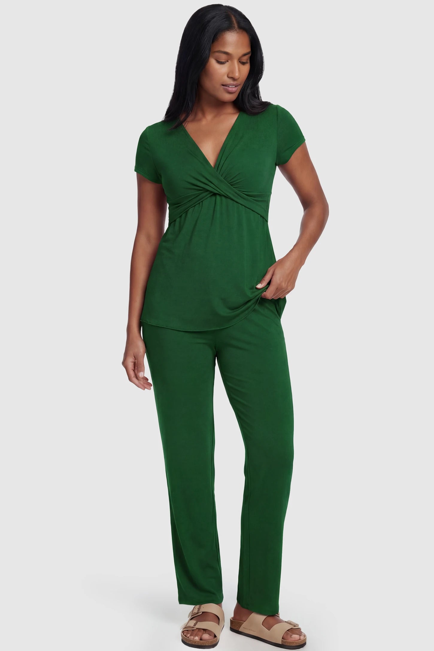 Wrap-Front Wide-Leg Maternity & Nursing Pajama Set Wrap-Front Wide-Leg Maternity & Nursing Pajama Set in green featuring V-neck crossover top and flowy wide-leg pants on non pregnant model.