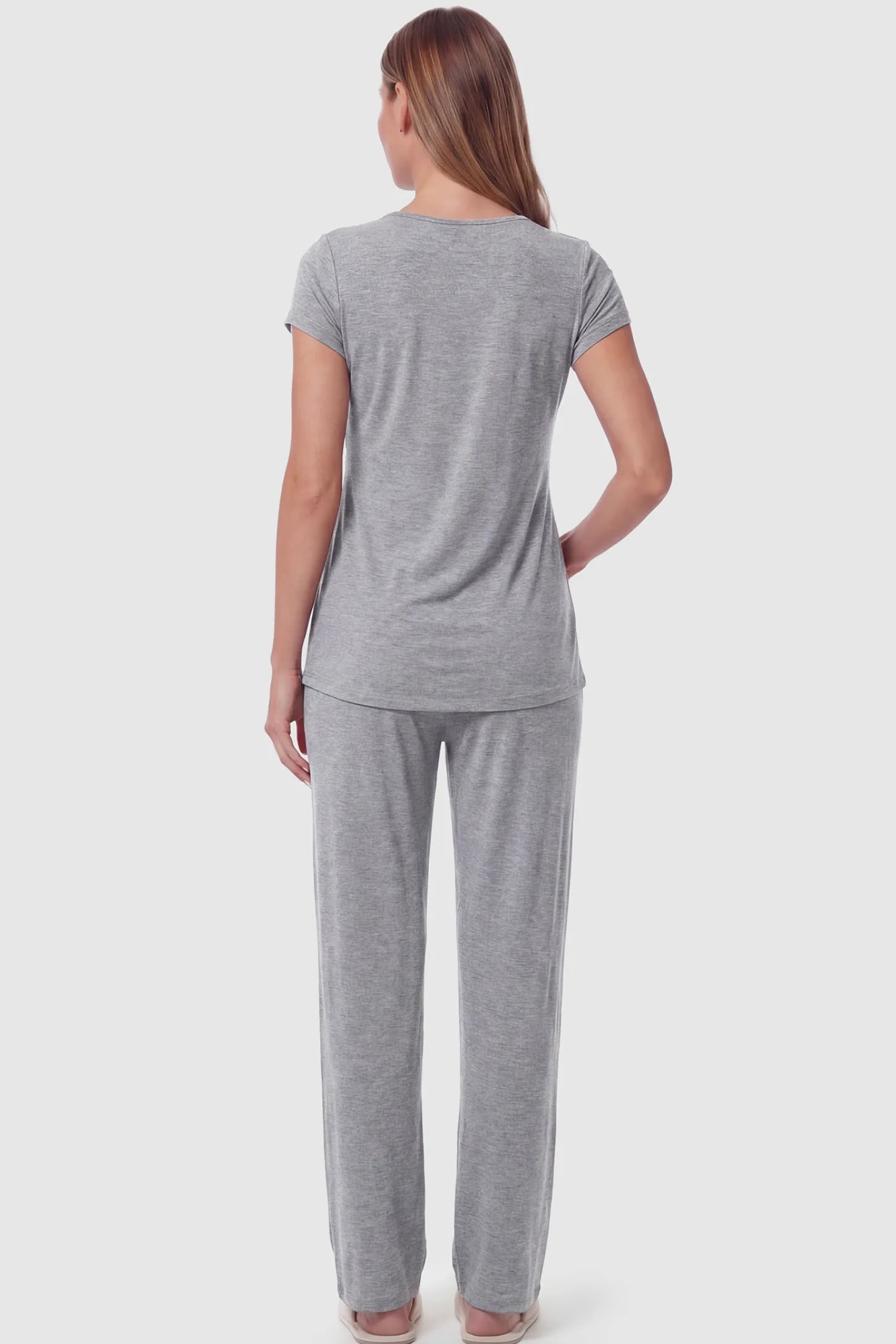 Wrap-Front Wide-Leg Maternity & Nursing Pajama Set Wrap-Front Wide-Leg Maternity & Nursing Pajama Set in light gray featuring flowy wide-leg pants on pregnant model.
